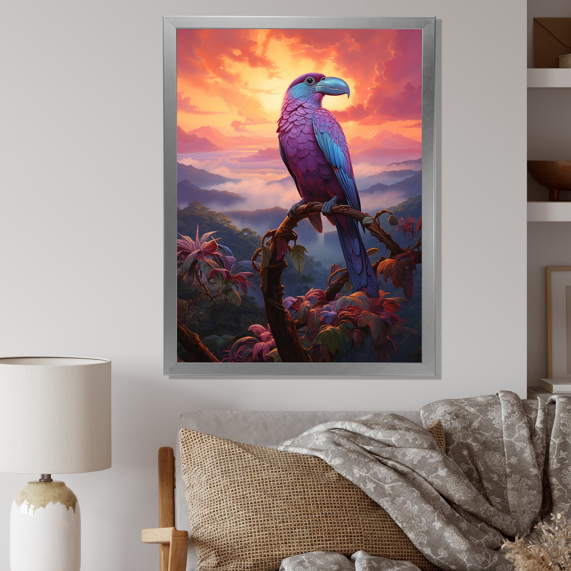 Pink and yellow Tropical Toucan jungle sunset - Toucan Framed Canvas Art