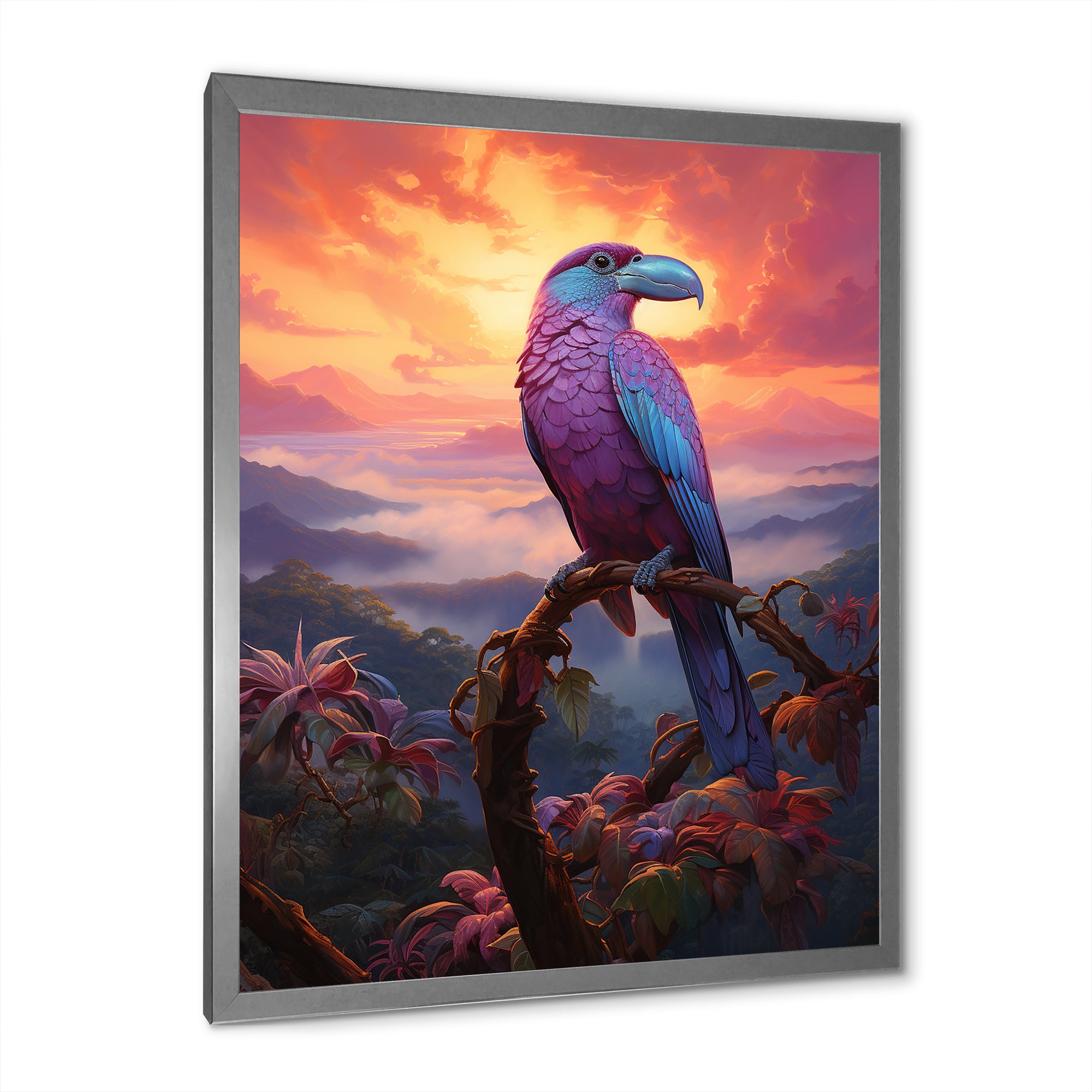 Pink and yellow Tropical Toucan jungle sunset - Toucan Framed Canvas Art