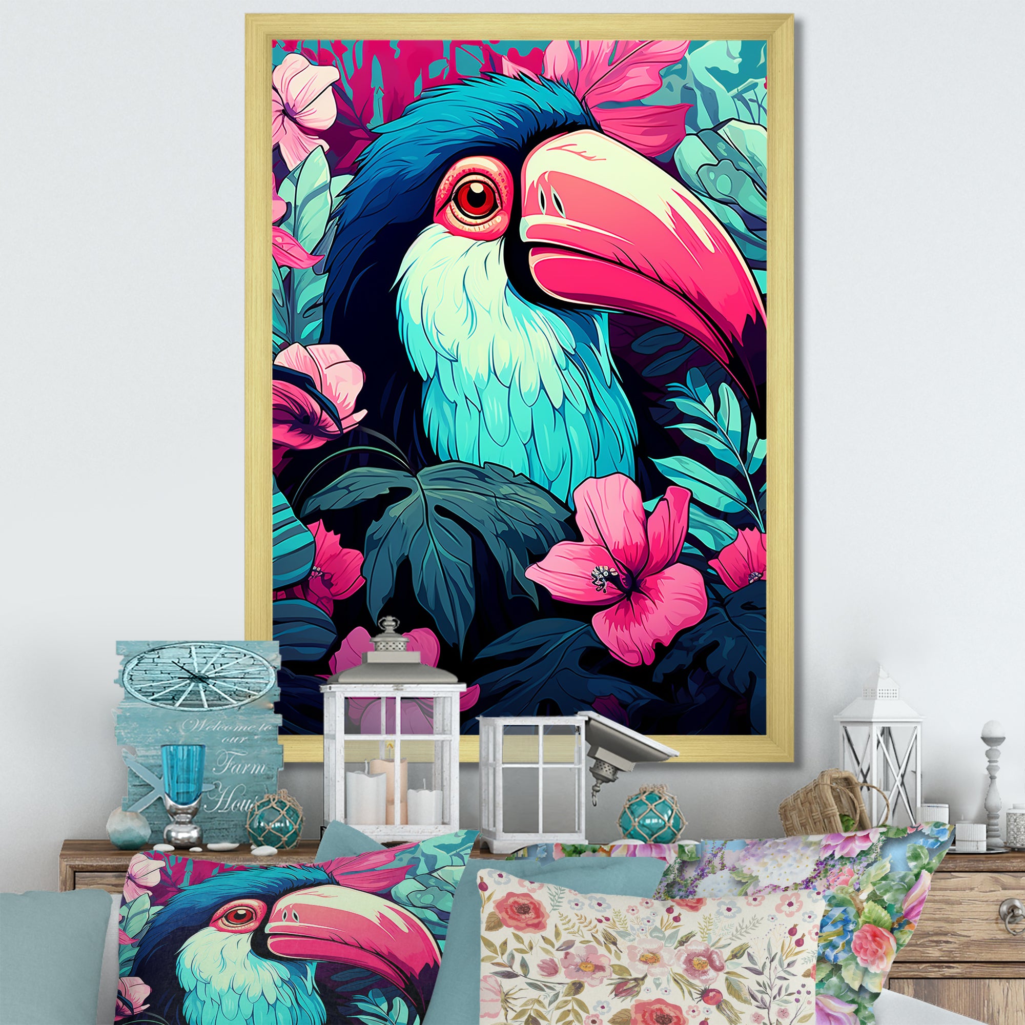 Pink and blue Tropical Toucans - Toucan Bedroom Wall Art