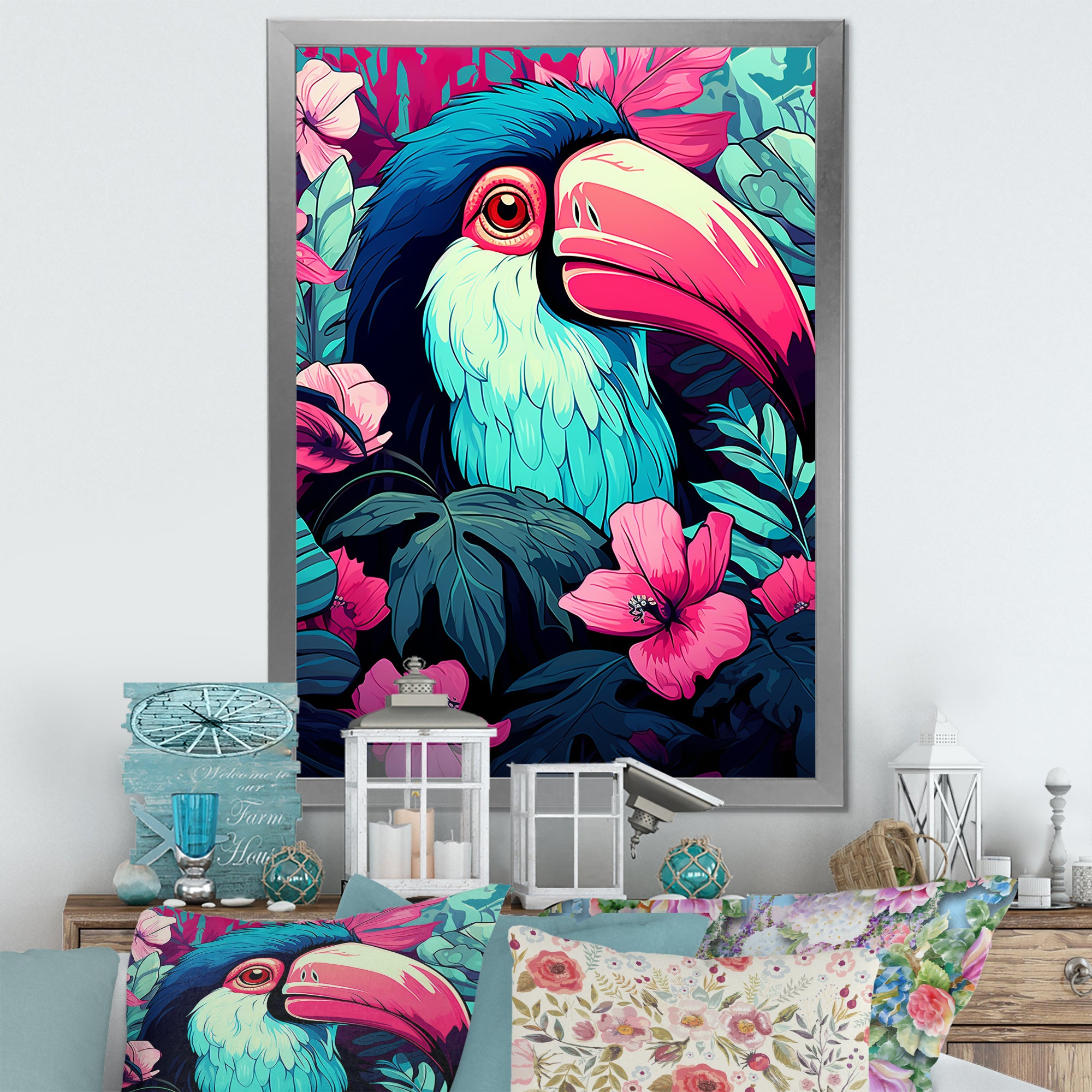 Pink and blue Tropical Toucans - Toucan Bedroom Wall Art