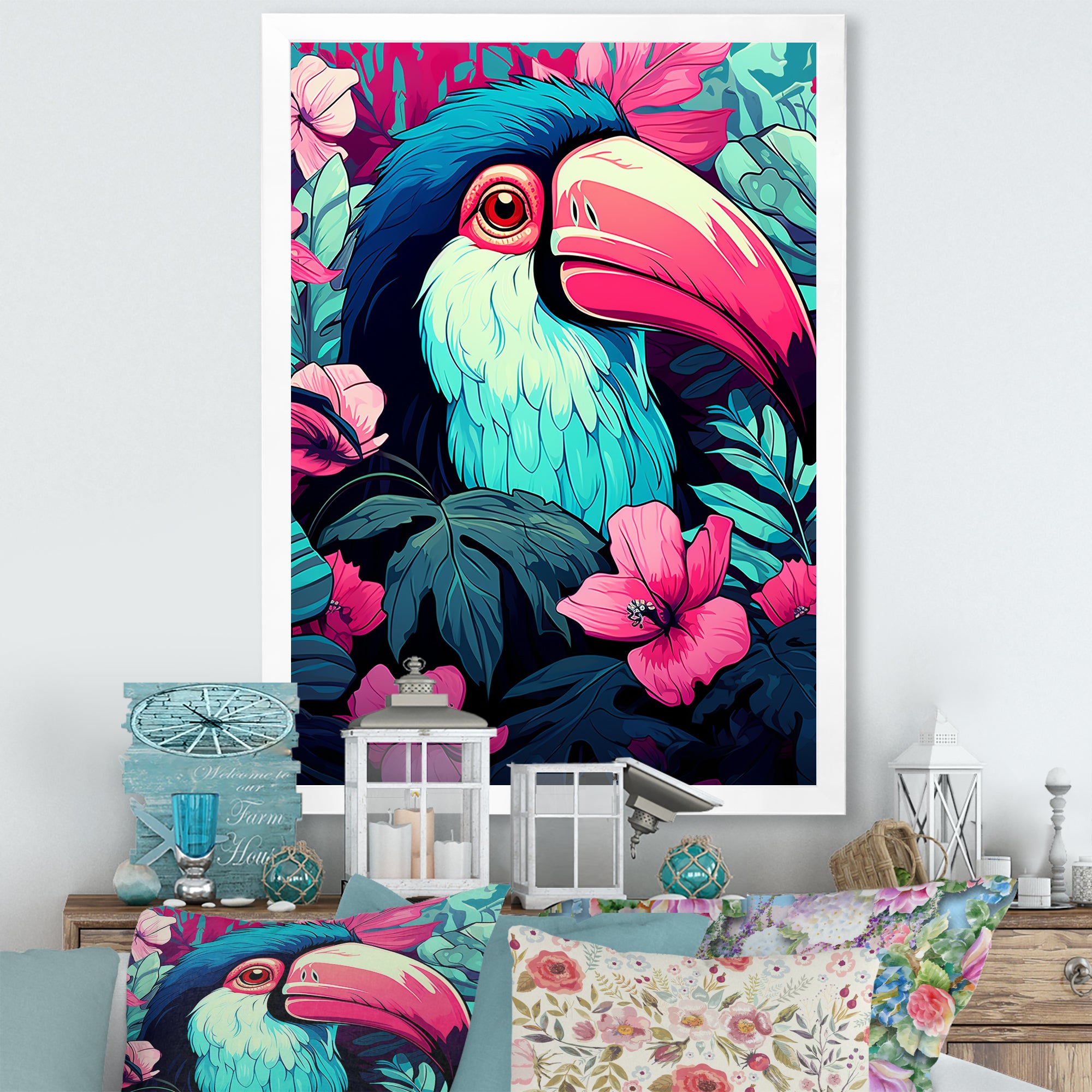 Pink and blue Tropical Toucans - Toucan Bedroom Wall Art