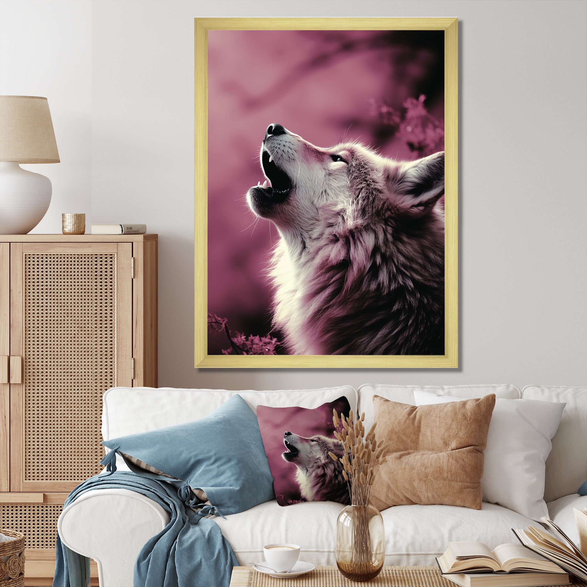 Pink Howling wolf at sunset - Wolf Wall Decor