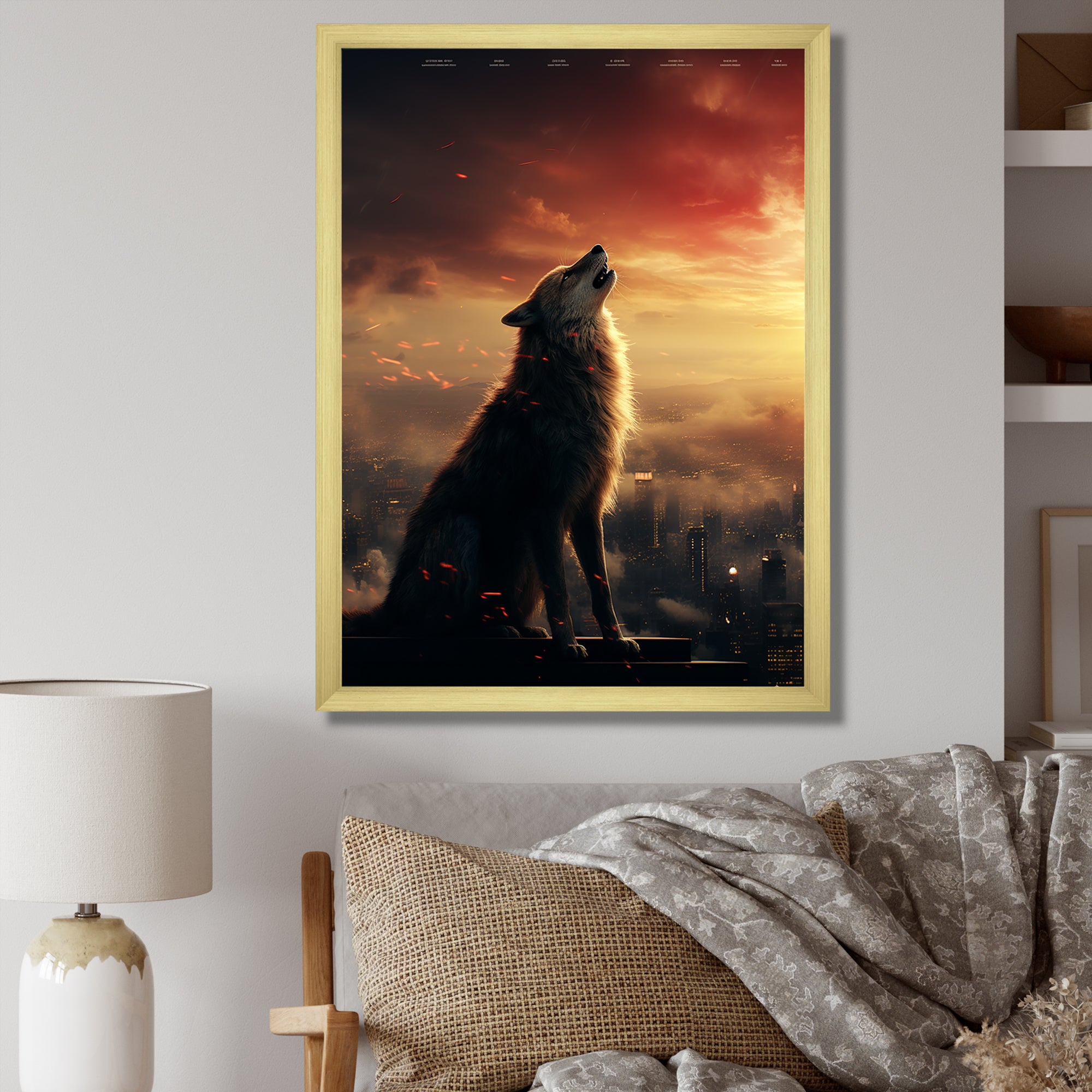 Yellow Howling wolf at sunset - Wolf Wall Decor