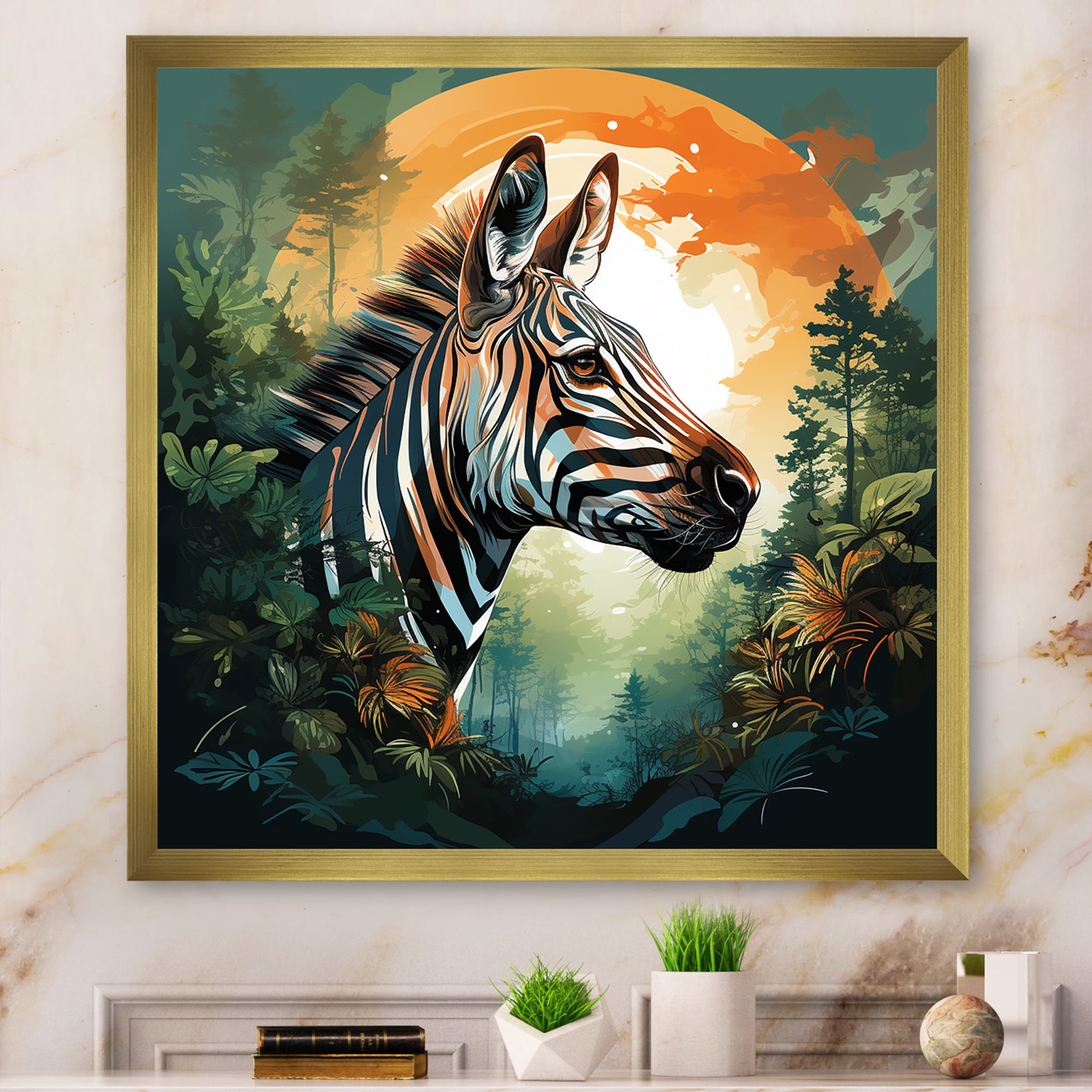 Elegant sunset Zebra portrait - Zebra Framed Canvas Art