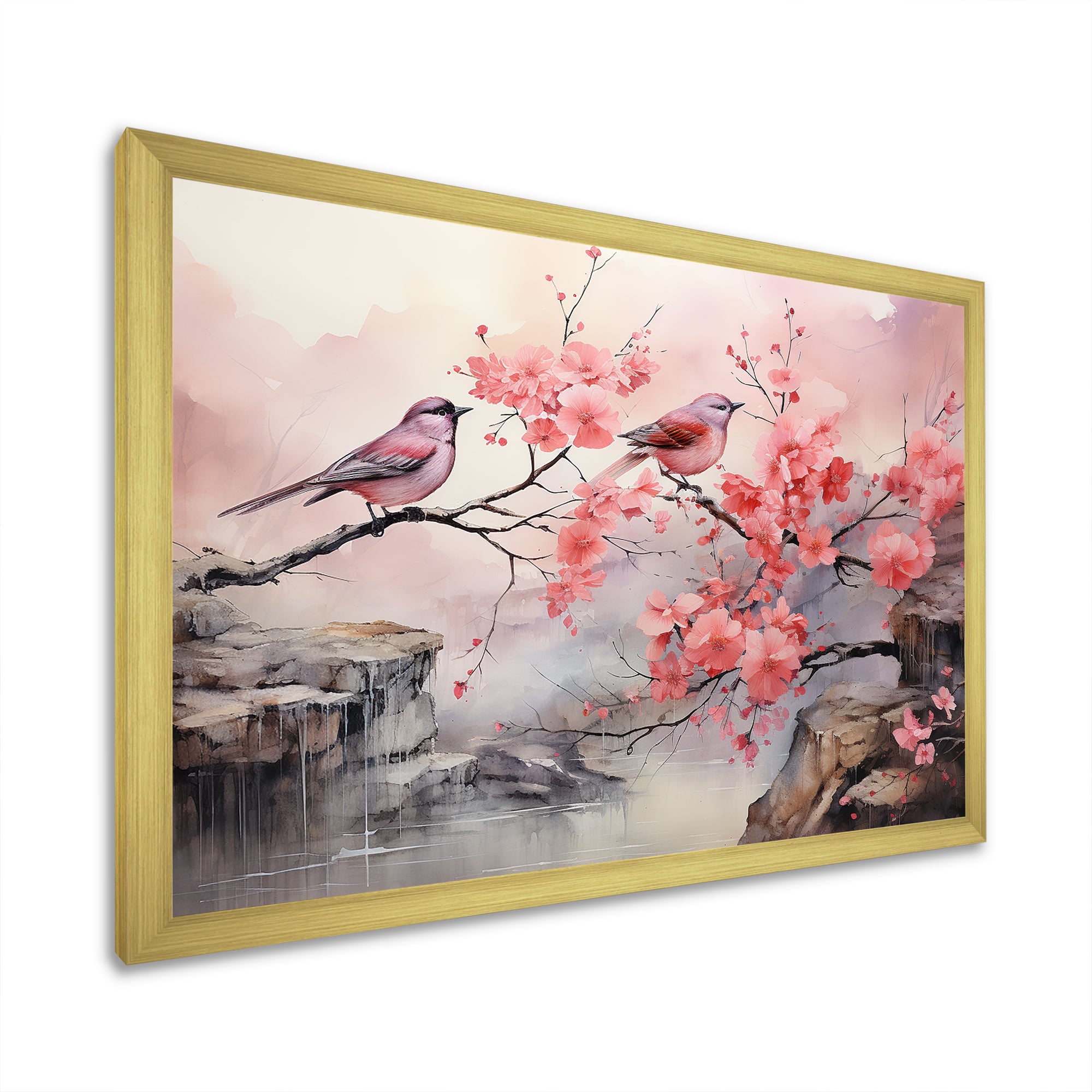 Sakura Pink birds on pink blossom tree - Pink Bird Wall Art