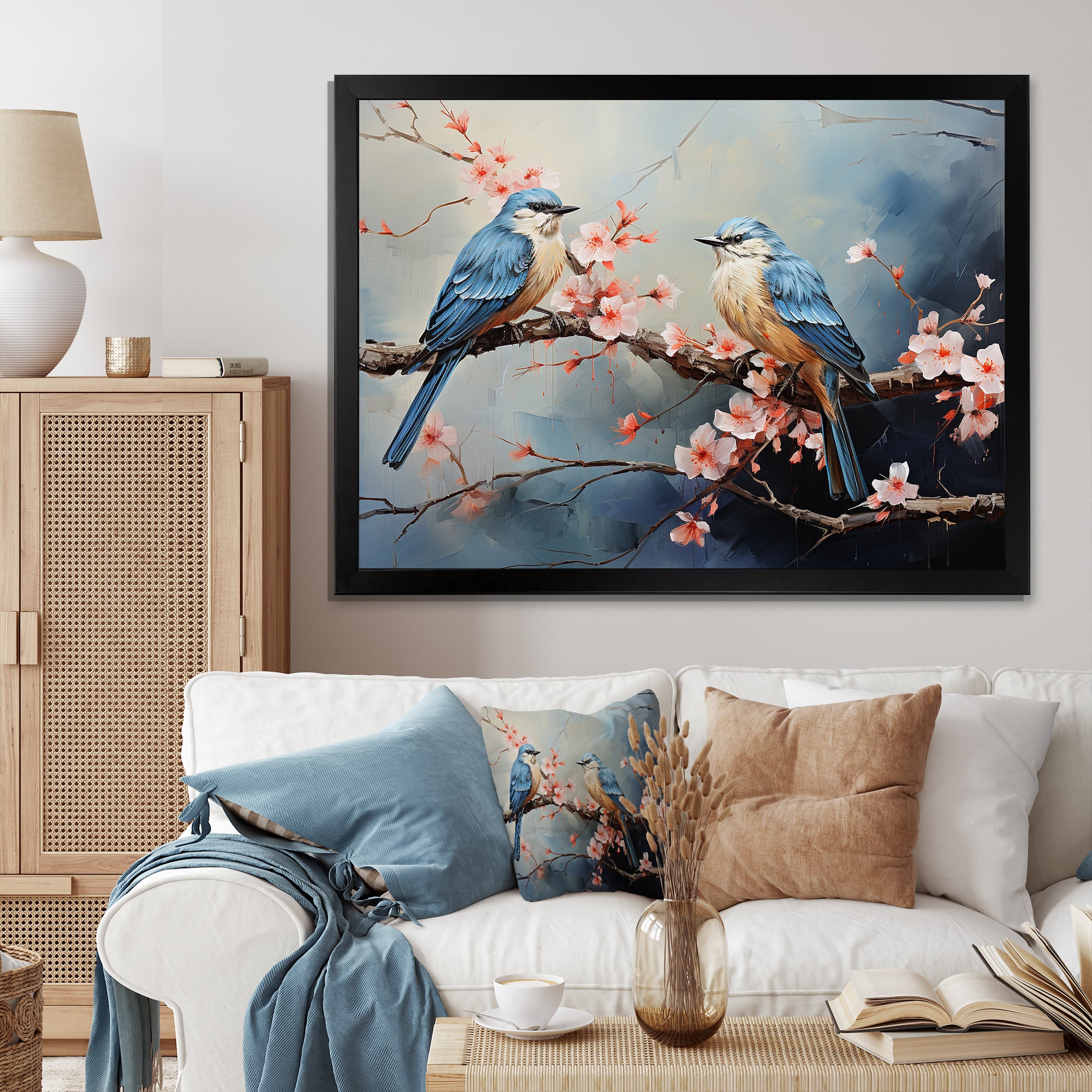 Sakura blue birds on pink blossom tree - Bird Framed Canvas Art