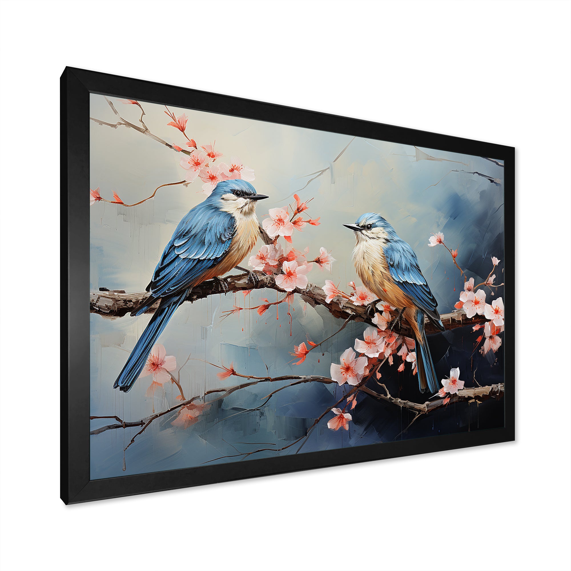 Sakura blue birds on pink blossom tree - Bird Framed Canvas Art