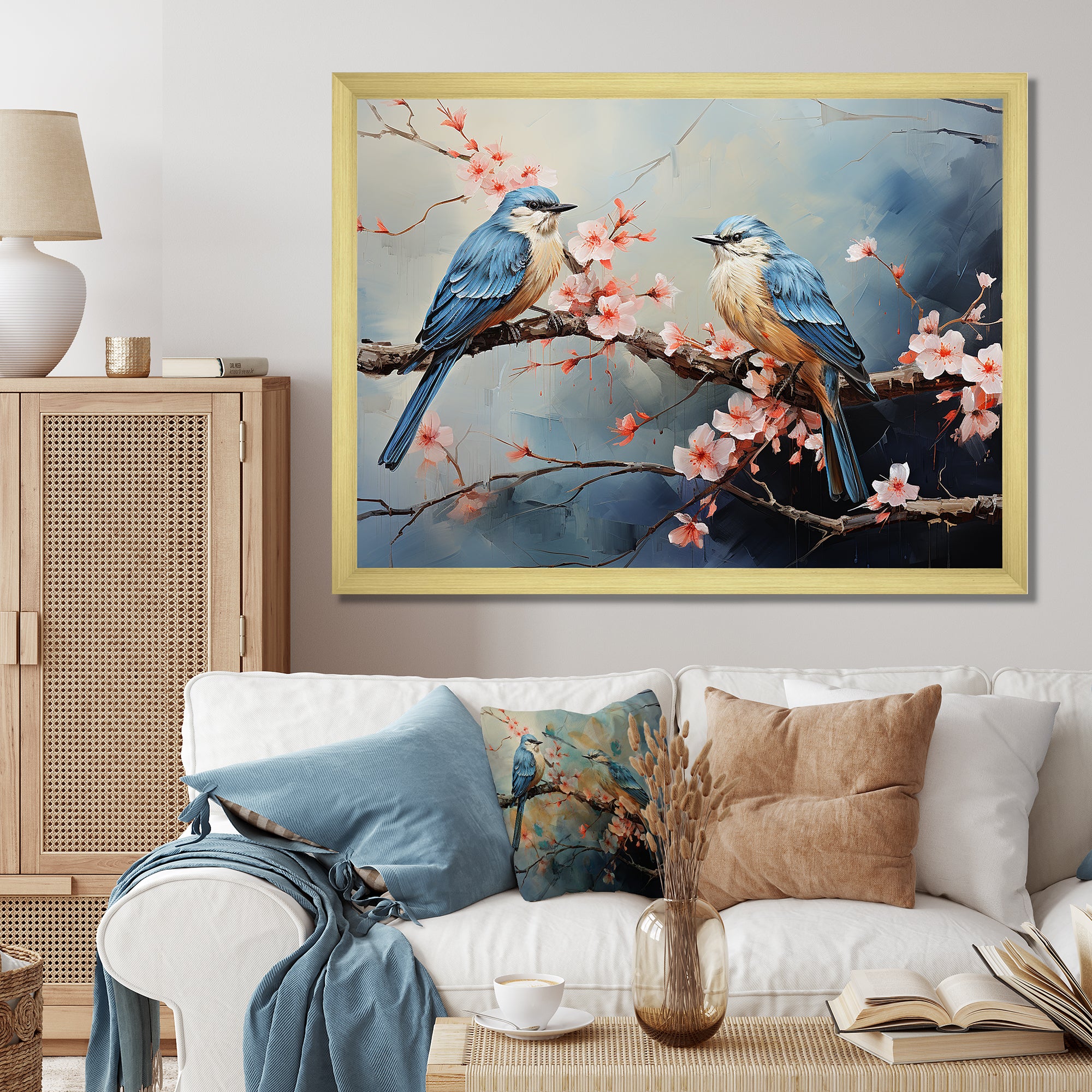 Sakura blue birds on pink blossom tree - Bird Framed Canvas Art