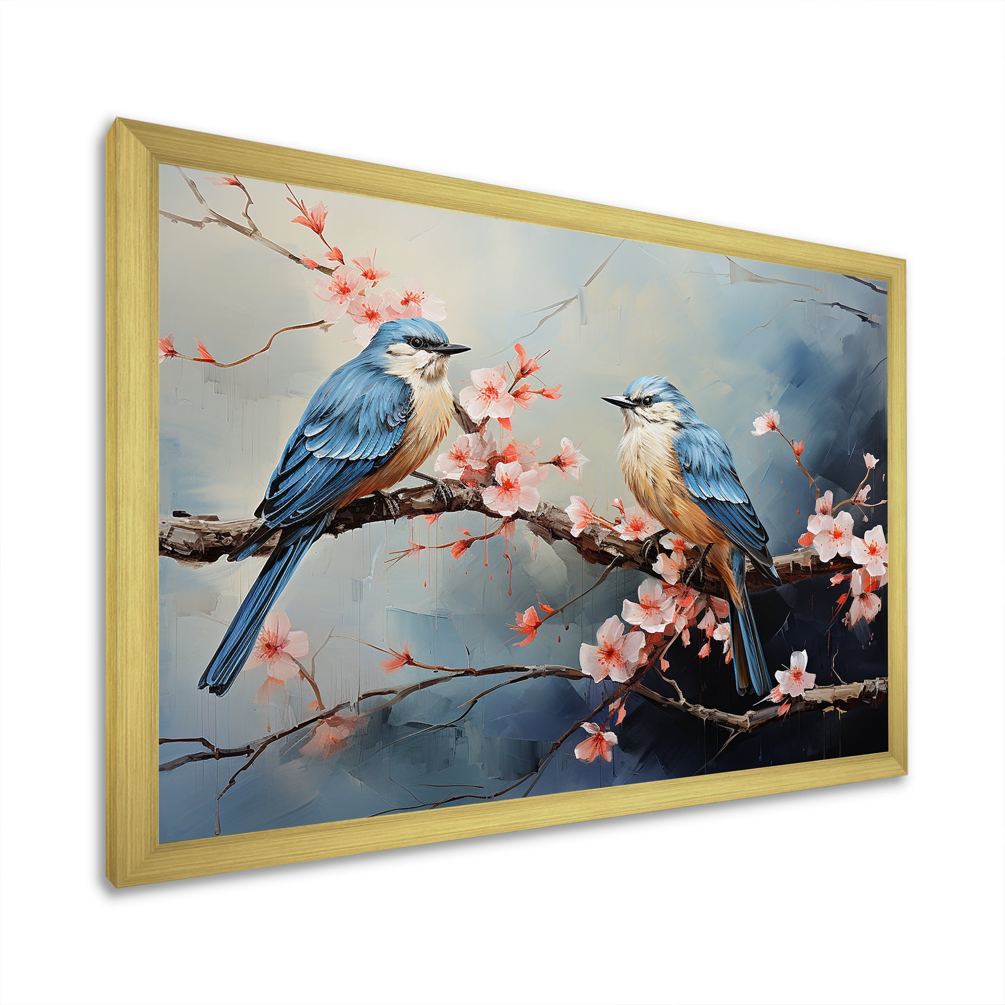 Sakura blue birds on pink blossom tree - Bird Framed Canvas Art