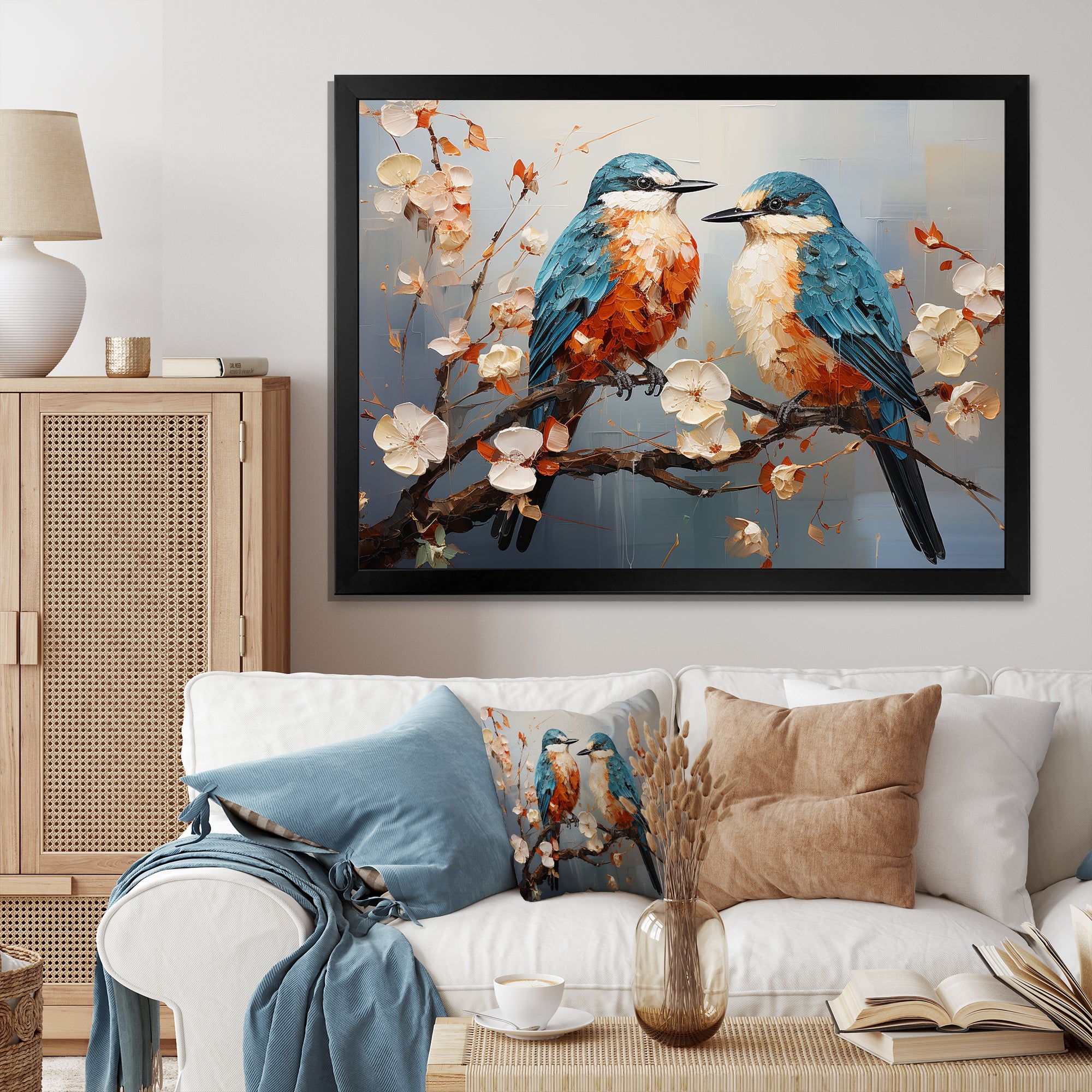 Orange and blue birds on blossom tree - Bird Living Room Wall Art