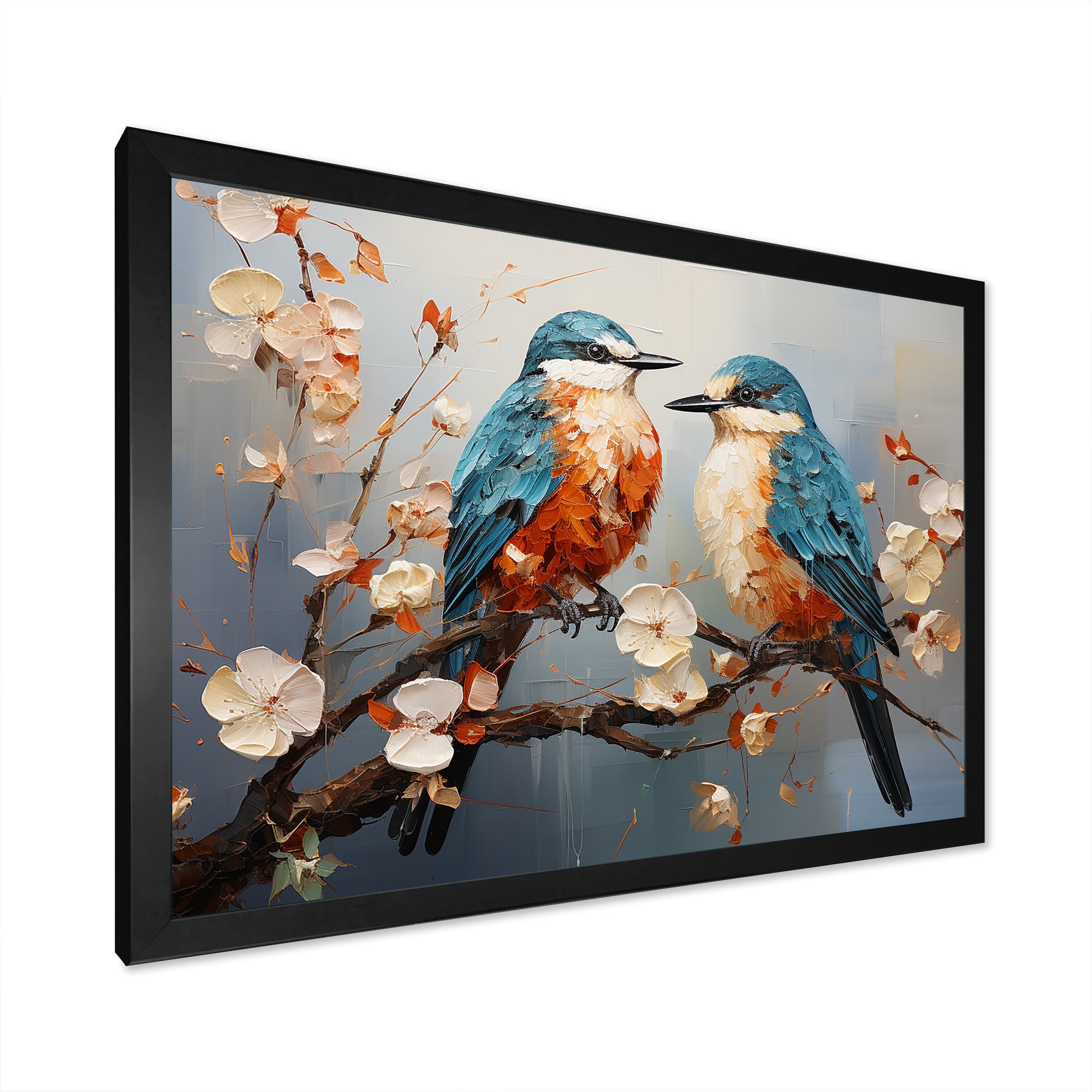 Orange and blue birds on blossom tree - Bird Living Room Wall Art