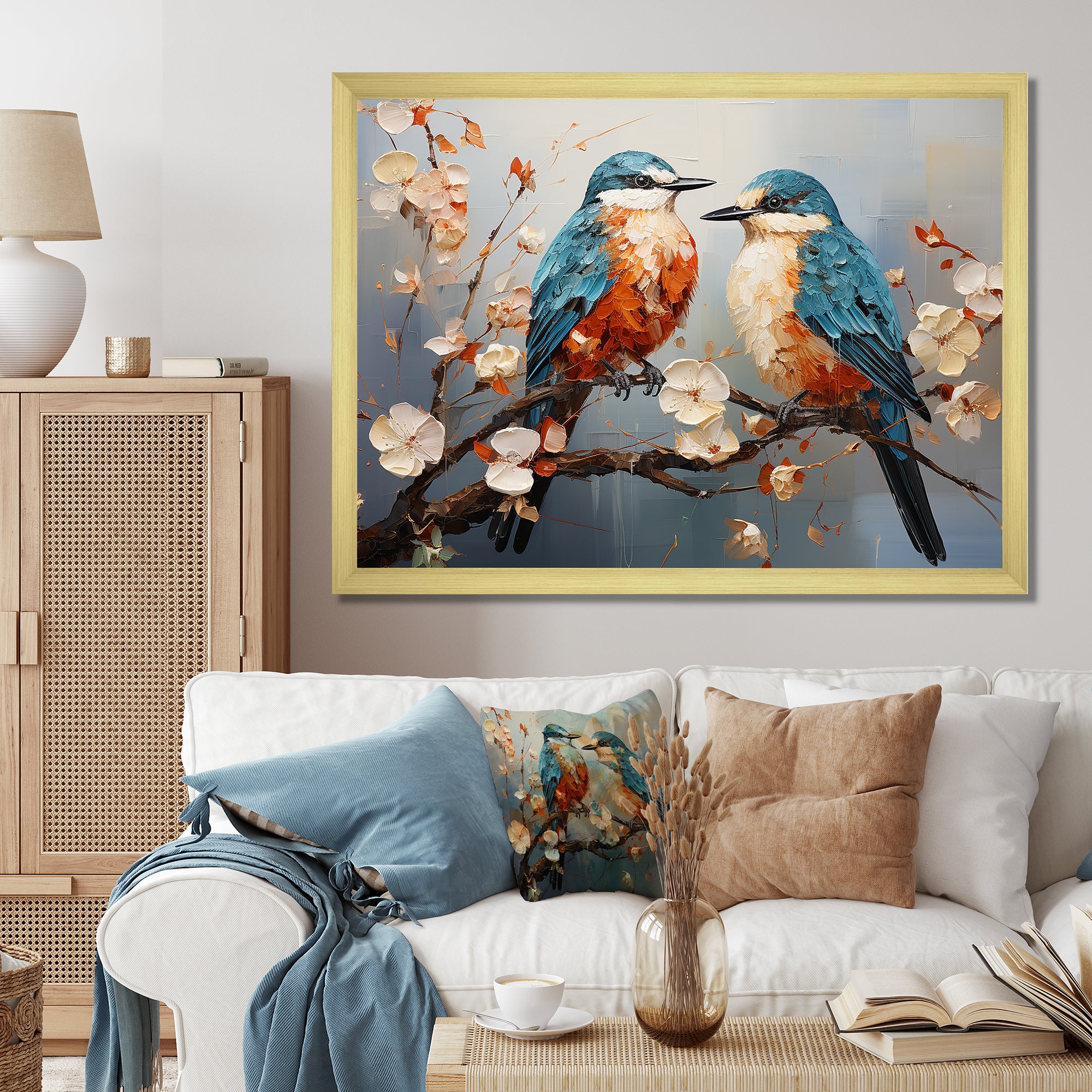Orange and blue birds on blossom tree - Bird Living Room Wall Art