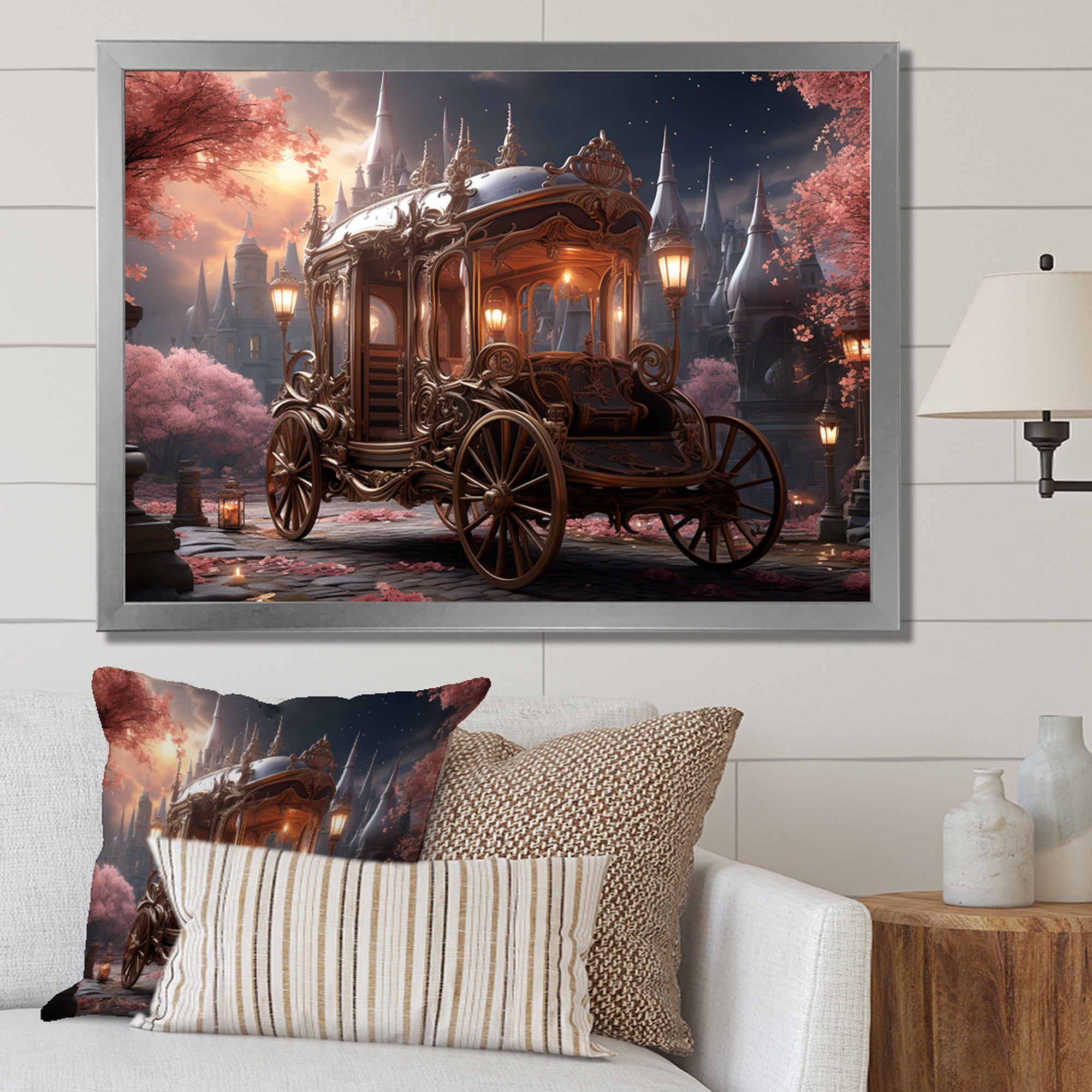 Floral Pink Princess Carriage - Old American Cart Canvas Wall Art