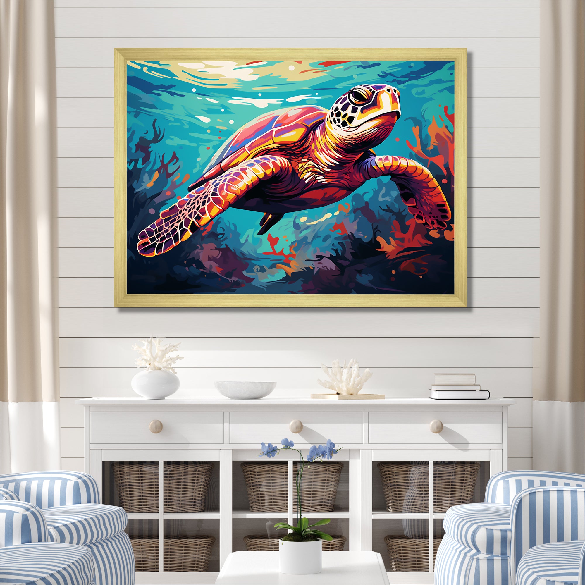 Pop art curious Turtle Aquatic Dance - Turtle Canvas Wall Art