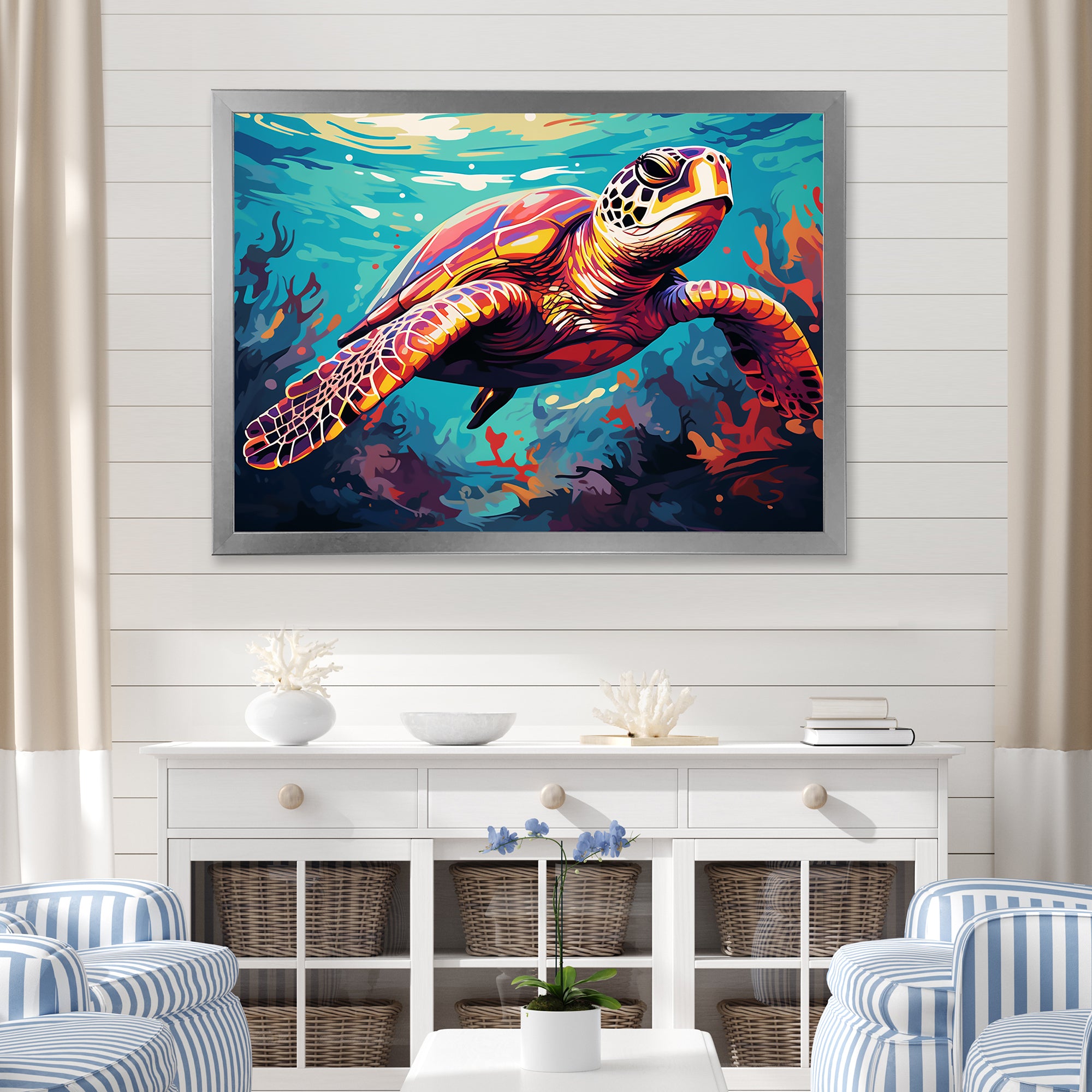 Pop art curious Turtle Aquatic Dance - Turtle Canvas Wall Art