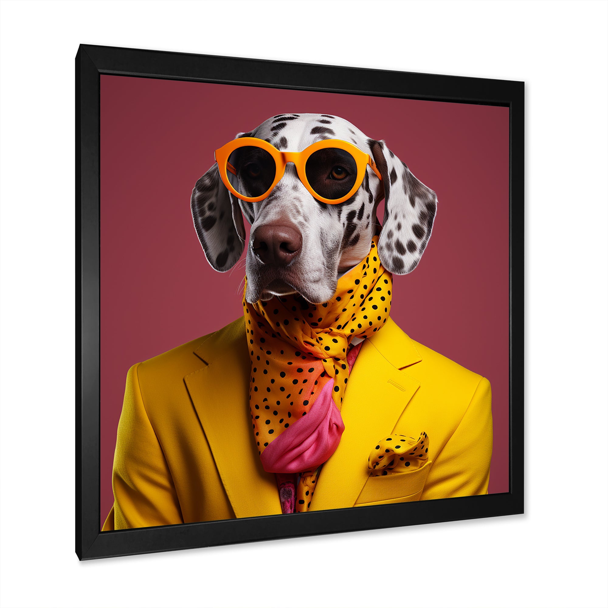 Yellow and orange Fashion first suited dog - Dog Framed Canvas Art
