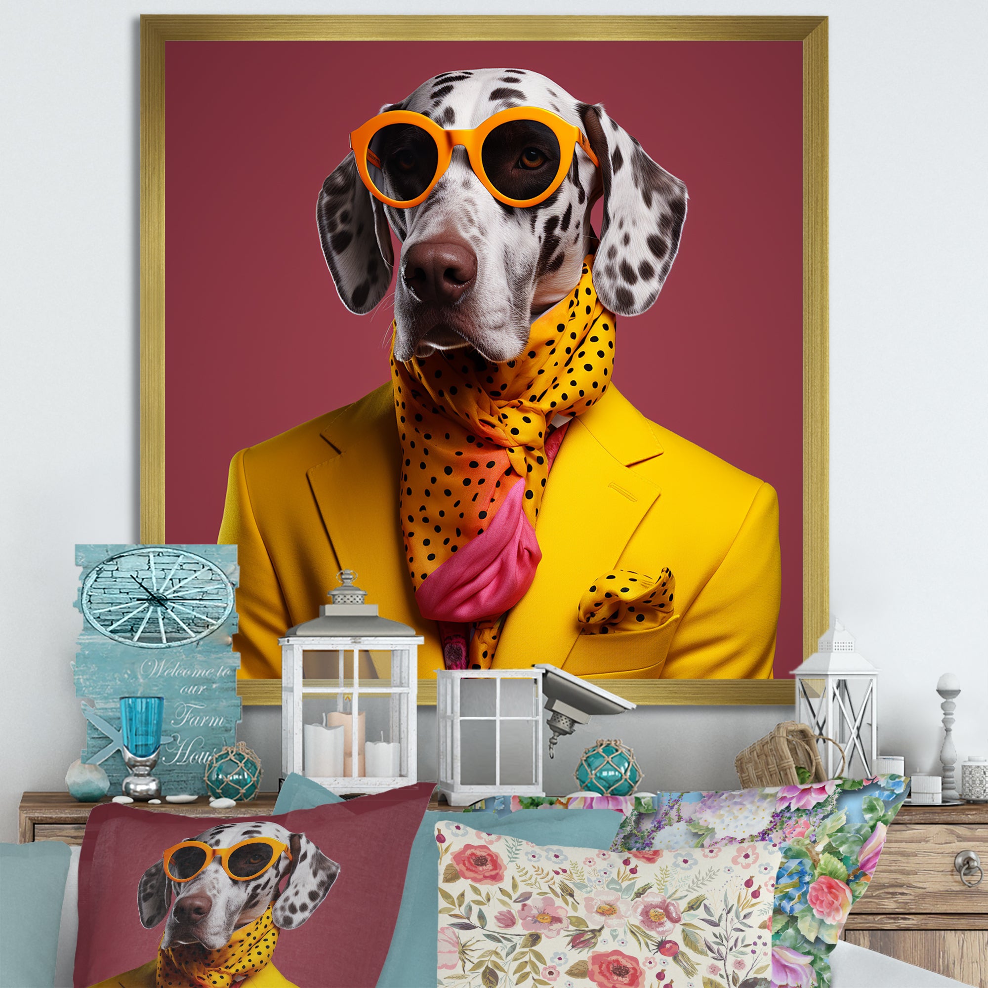 Yellow and orange Fashion first suited dog - Dog Framed Canvas Art