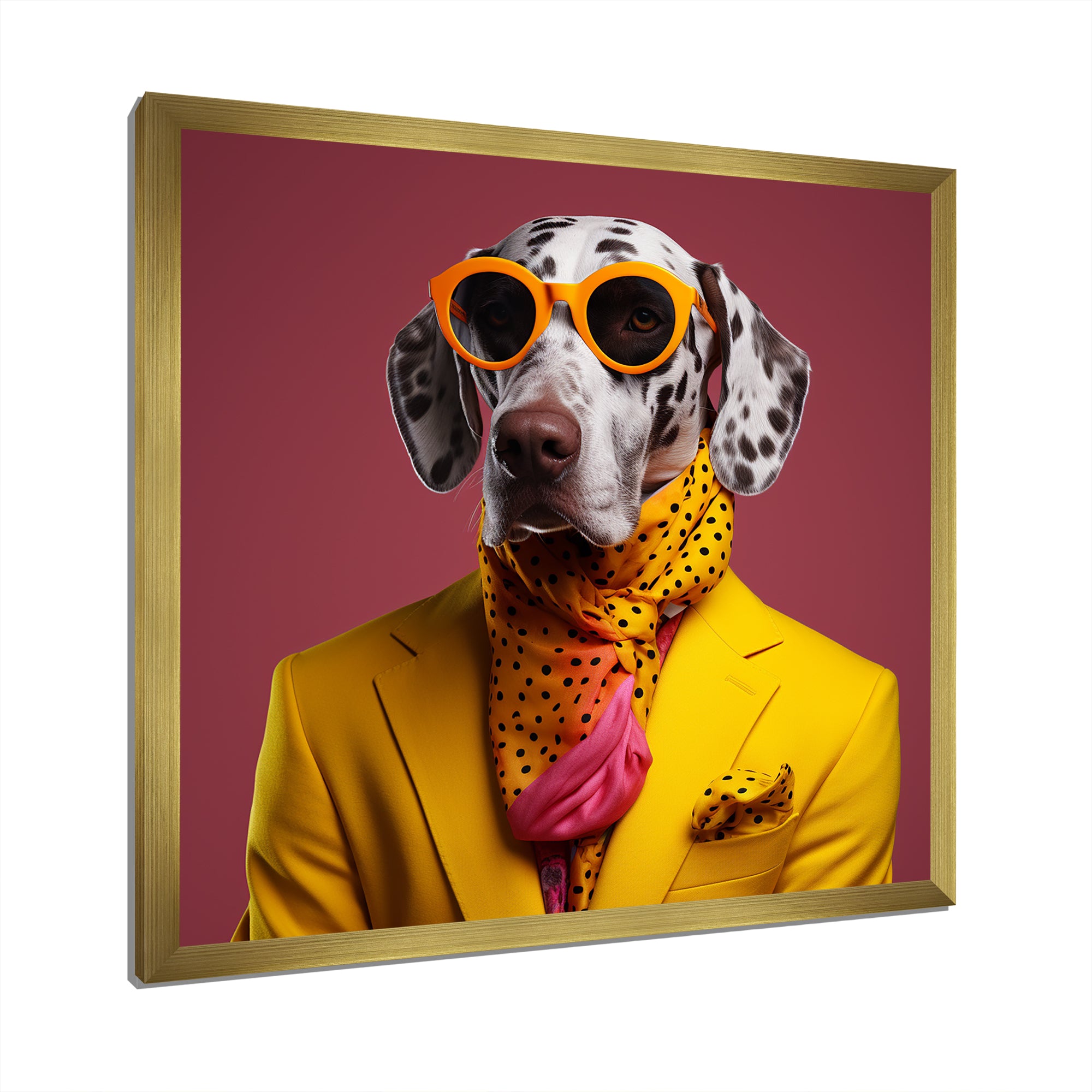 Yellow and orange Fashion first suited dog - Dog Framed Canvas Art