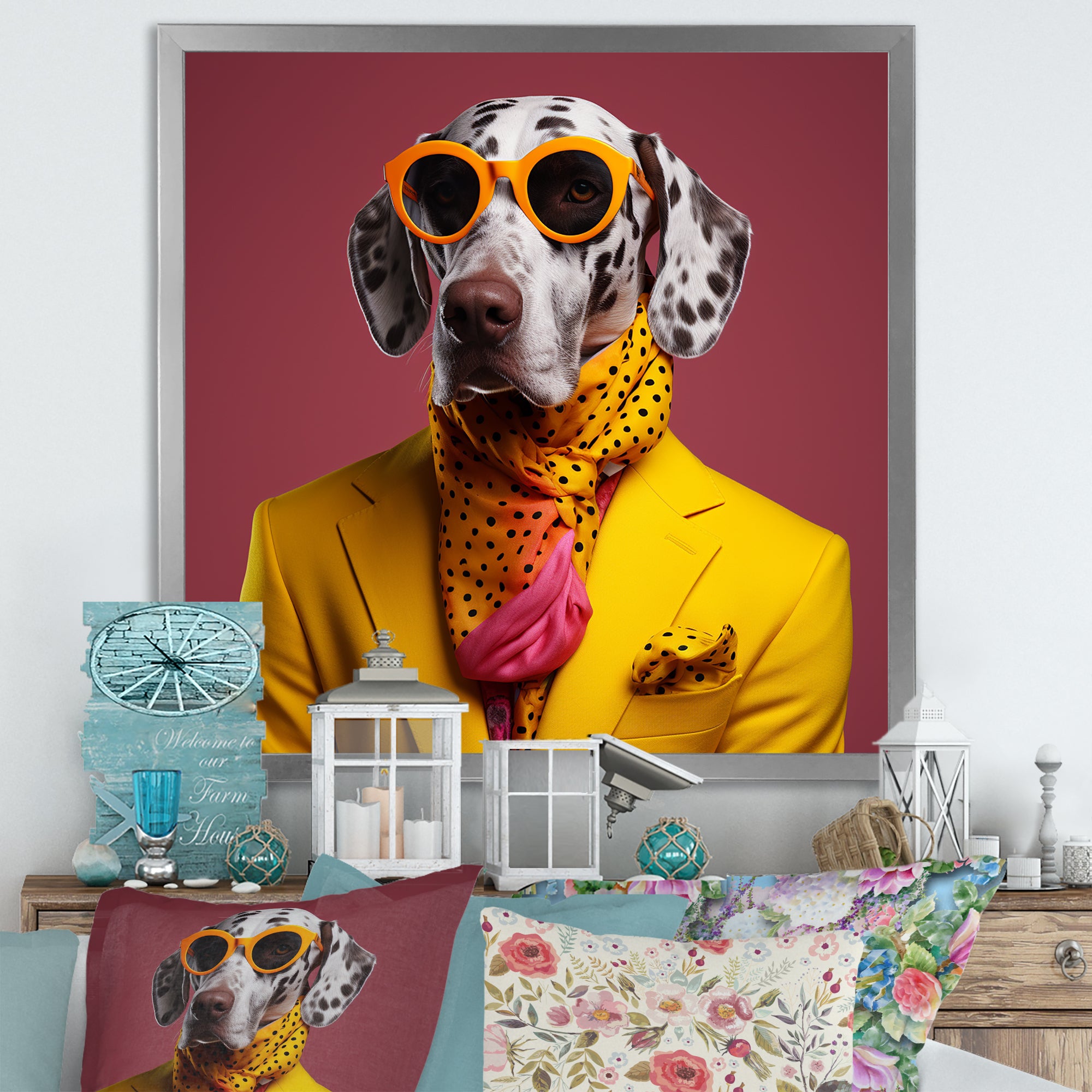 Yellow and orange Fashion first suited dog - Dog Framed Canvas Art