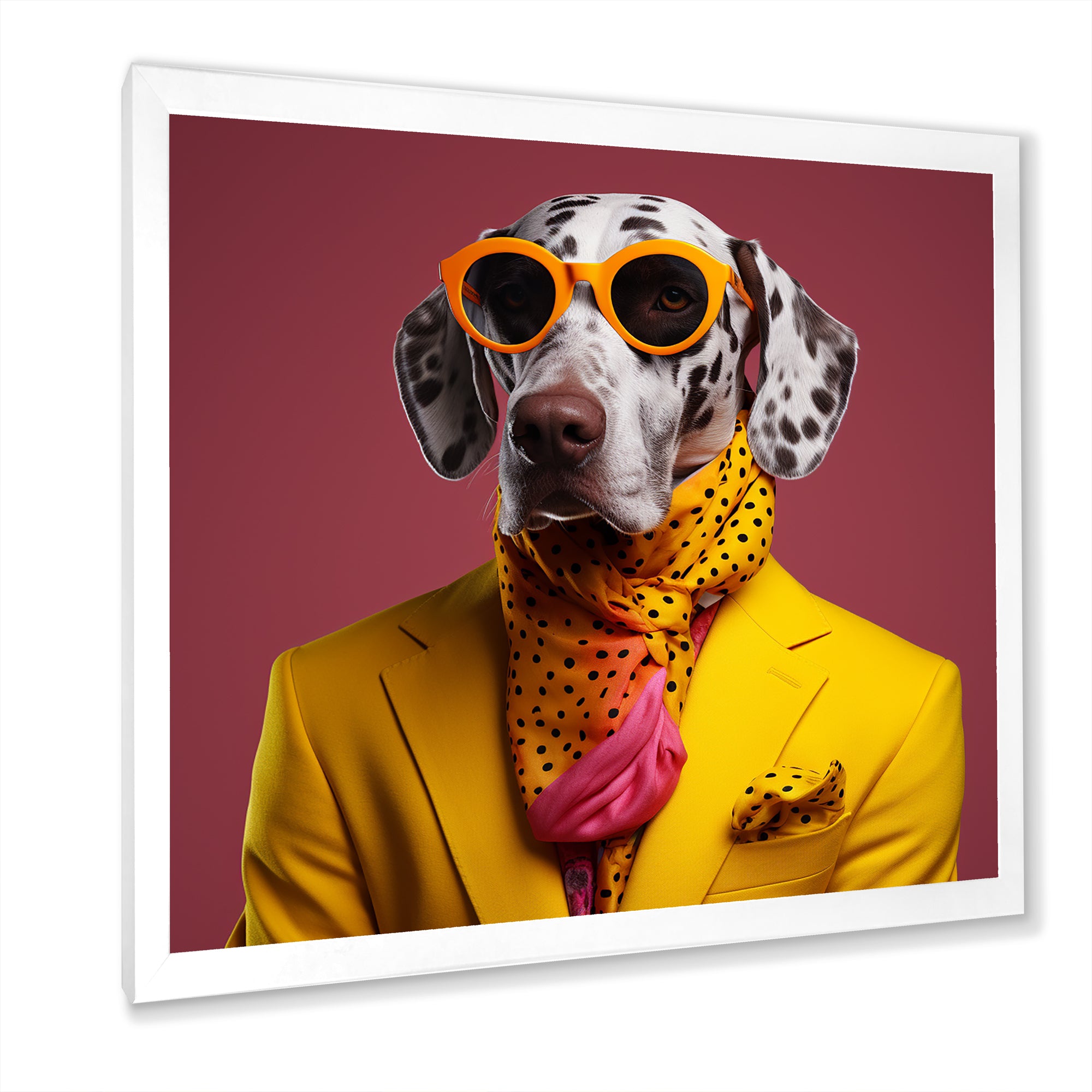Yellow and orange Fashion first suited dog - Dog Framed Canvas Art