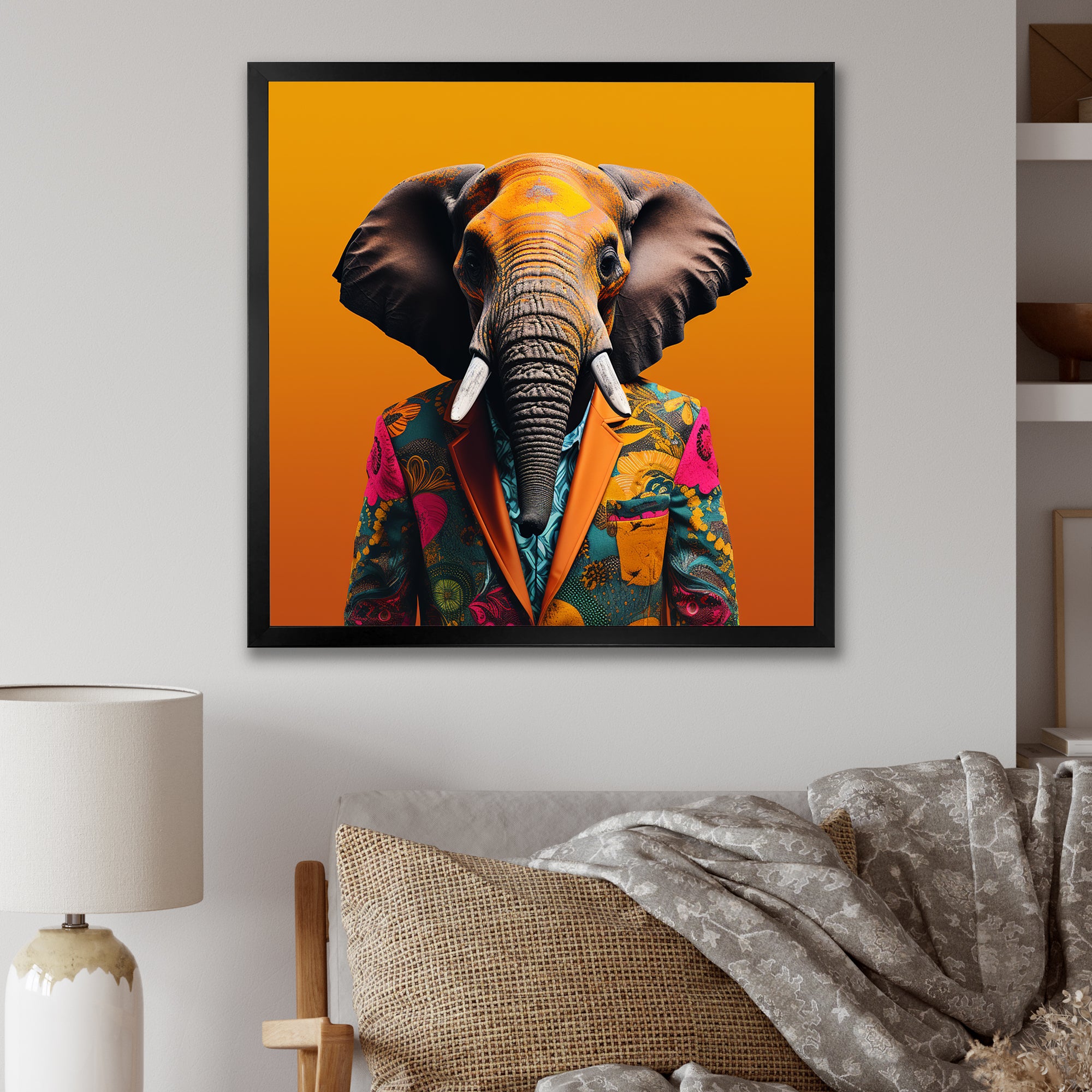 Elephant suited up Yellow and pink - Elephant Large Canvas Wall Art
