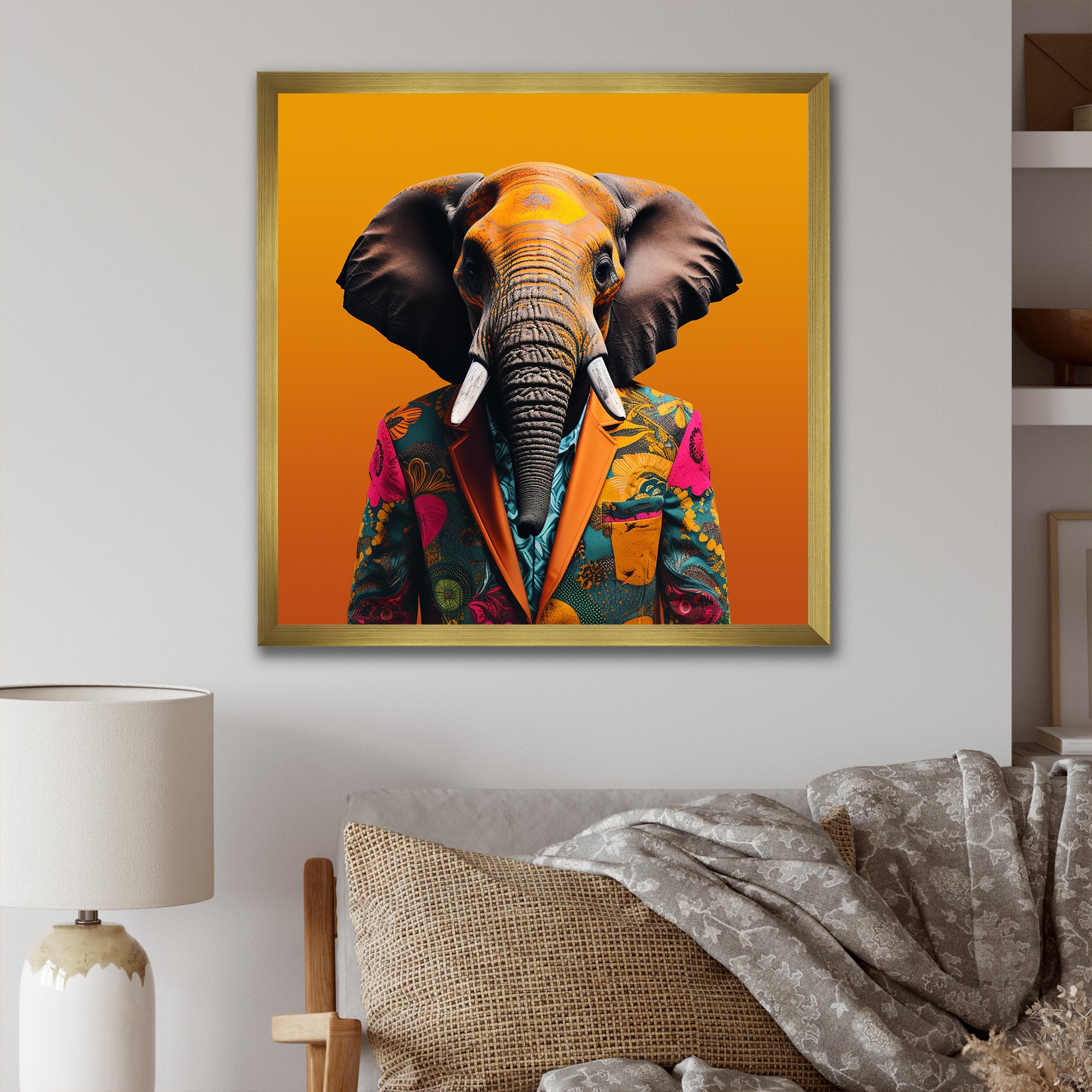Elephant suited up Yellow and pink - Elephant Large Canvas Wall Art