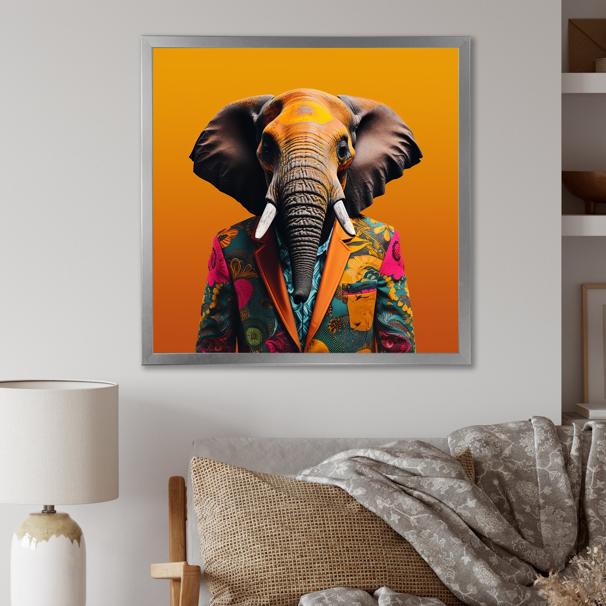 Elephant suited up Yellow and pink - Elephant Large Canvas Wall Art