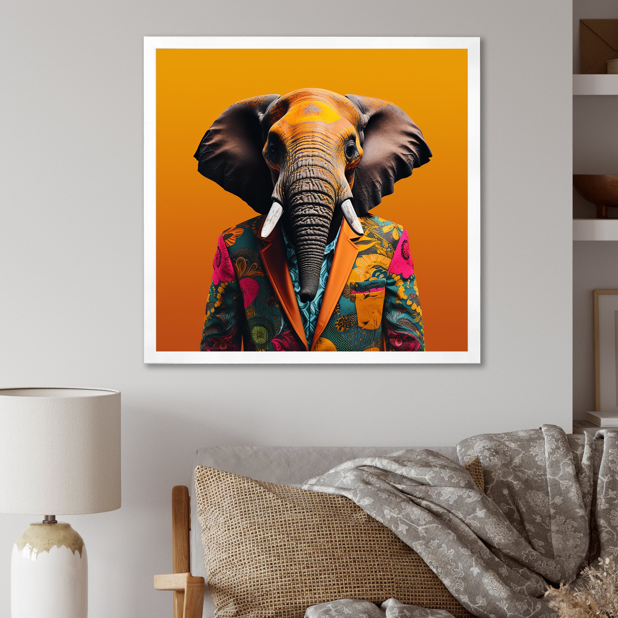 Elephant suited up Yellow and pink - Elephant Large Canvas Wall Art