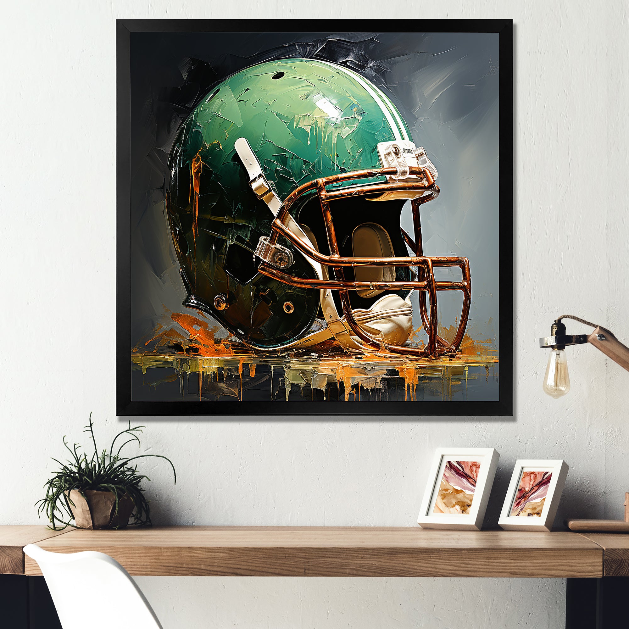 Green And Black American Football Helmet - Sport Football Canvas Wall Art
