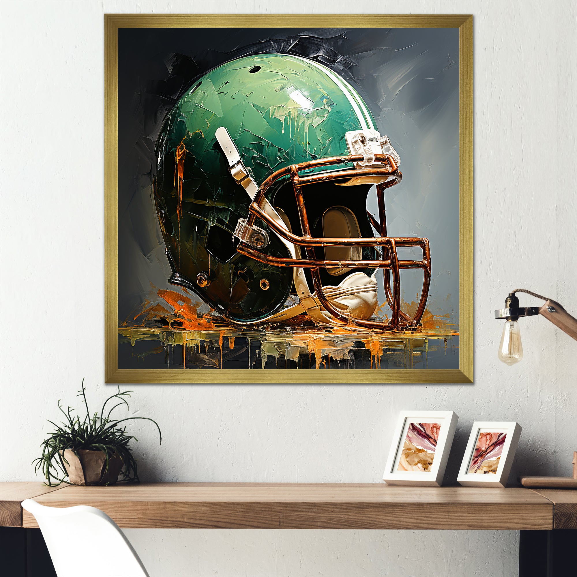 Green And Black American Football Helmet - Sport Football Canvas Wall Art