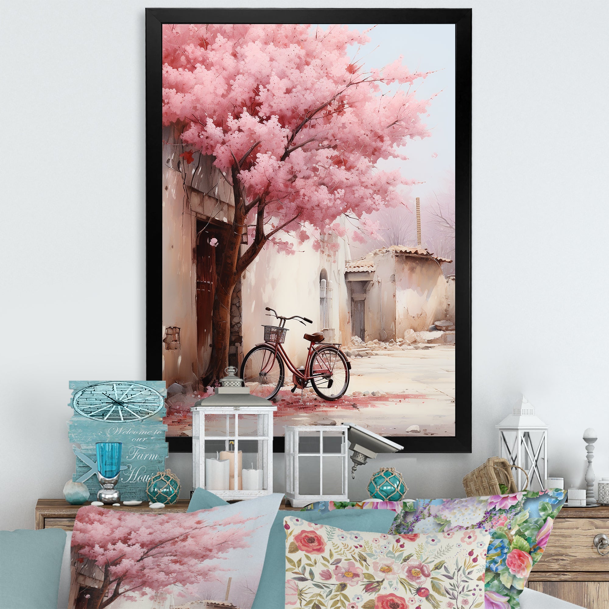 Pink and white springtime florals bicycle I - Bicycle Canvas Wall Art