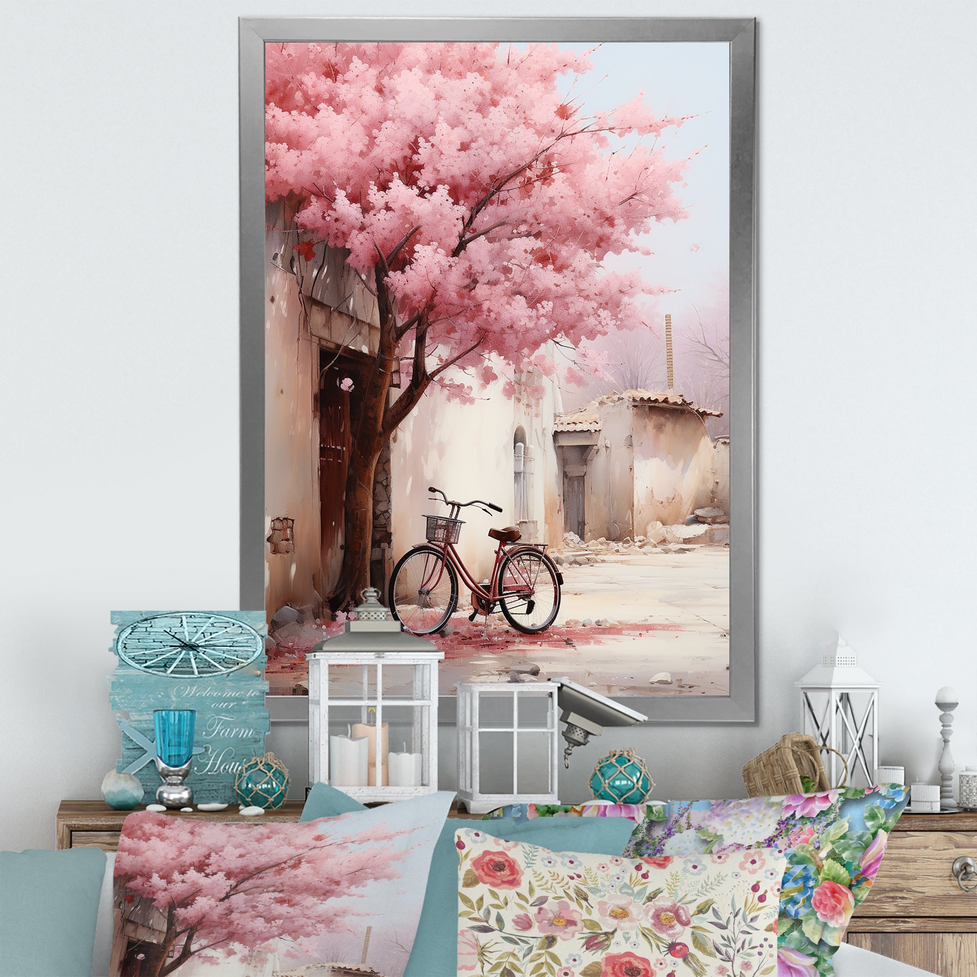Pink and white springtime florals bicycle I - Bicycle Canvas Wall Art