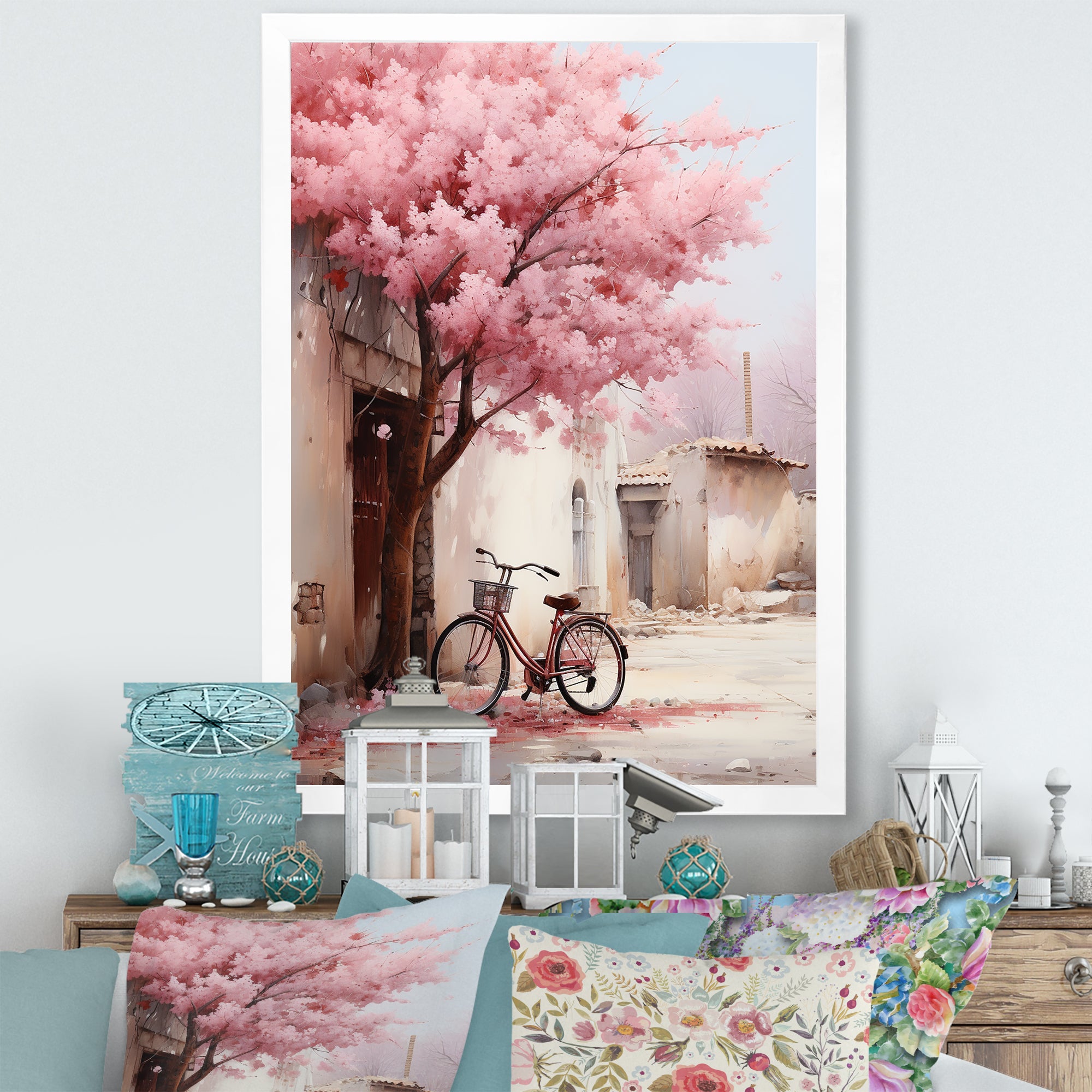 Pink and white springtime florals bicycle I - Bicycle Canvas Wall Art