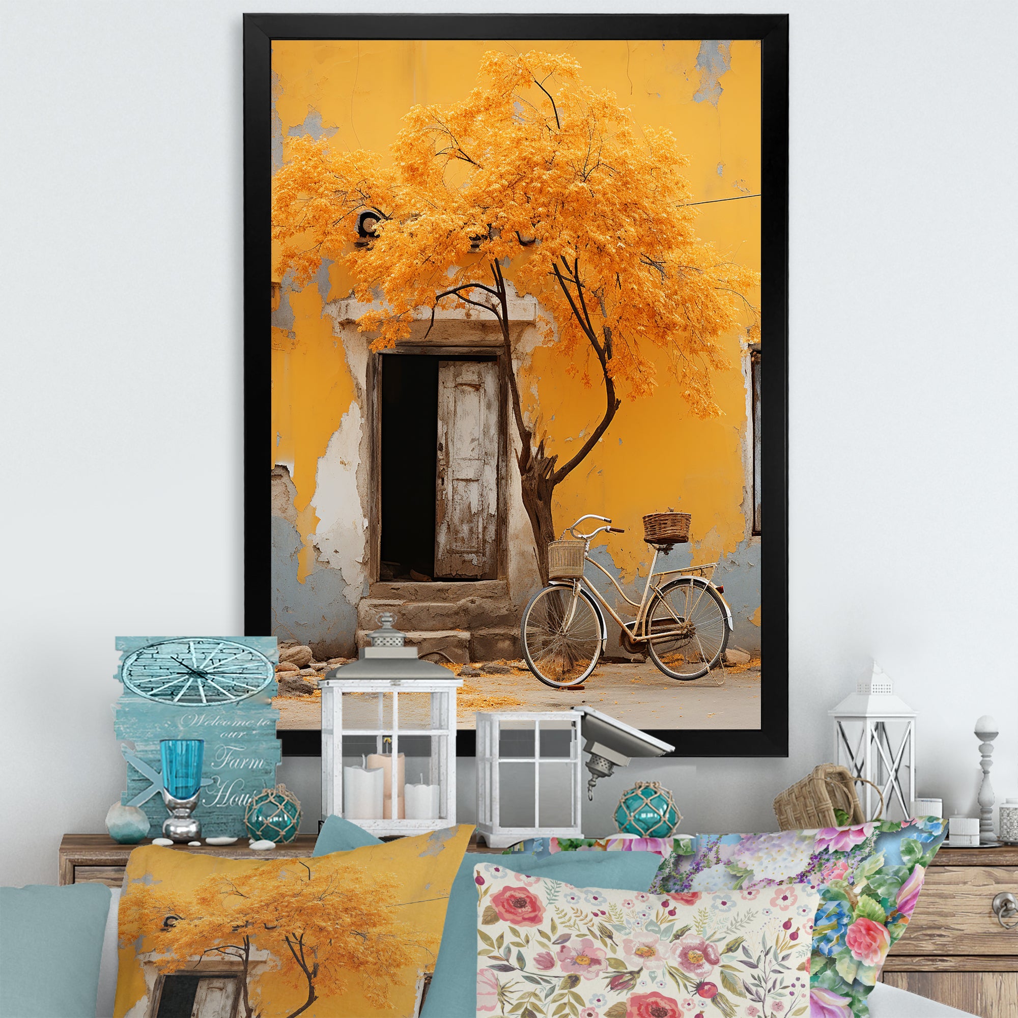 Yellow springtime florals bicycle I - Bicycle Canvas Wall Art