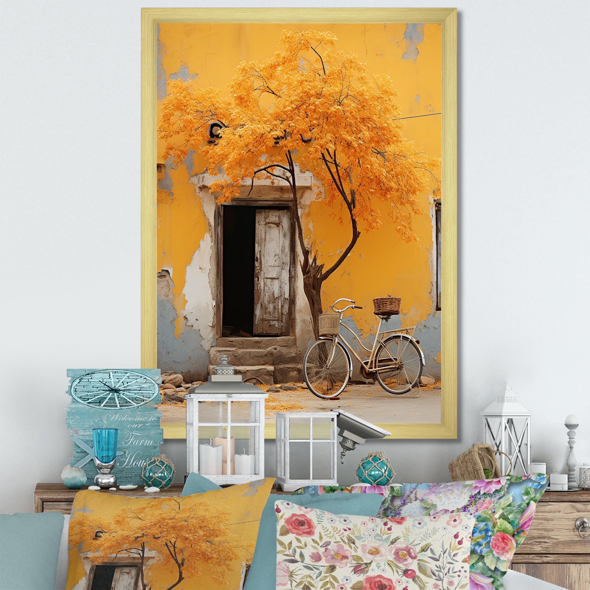 Yellow springtime florals bicycle I - Bicycle Canvas Wall Art