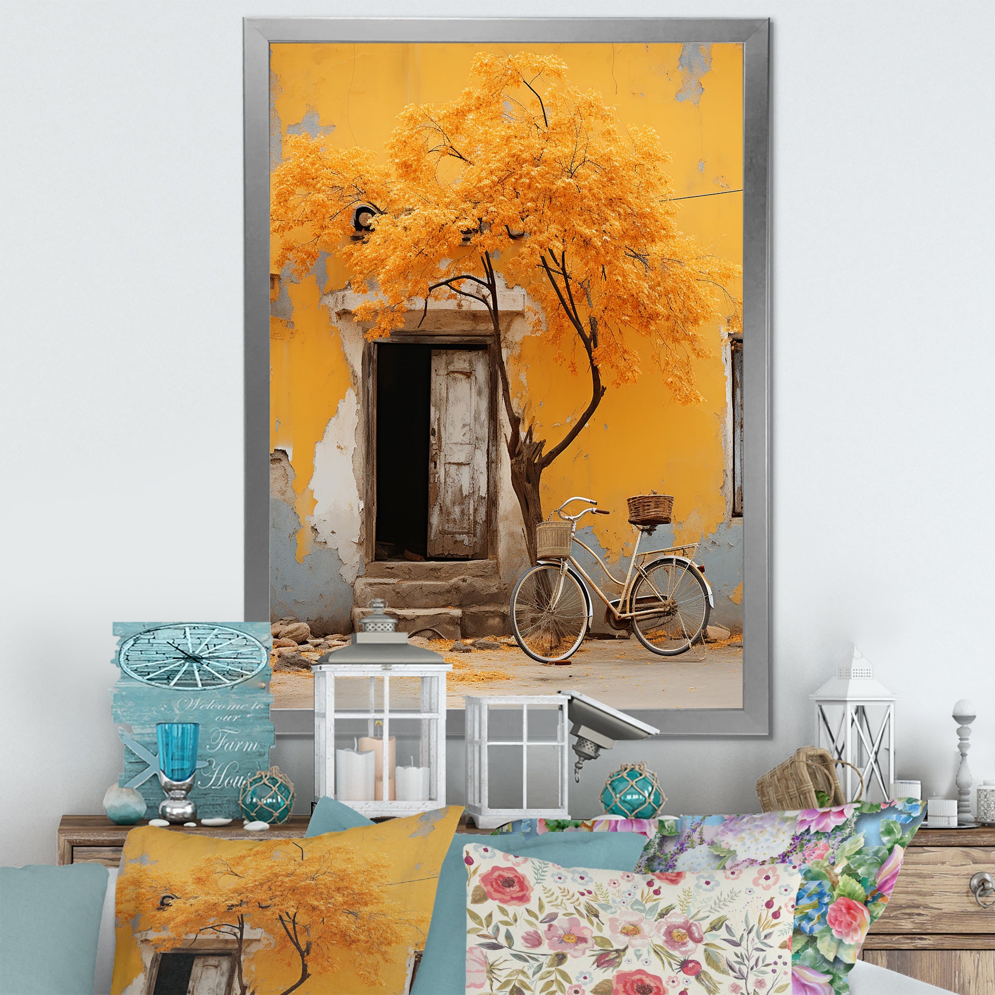Yellow springtime florals bicycle I - Bicycle Canvas Wall Art