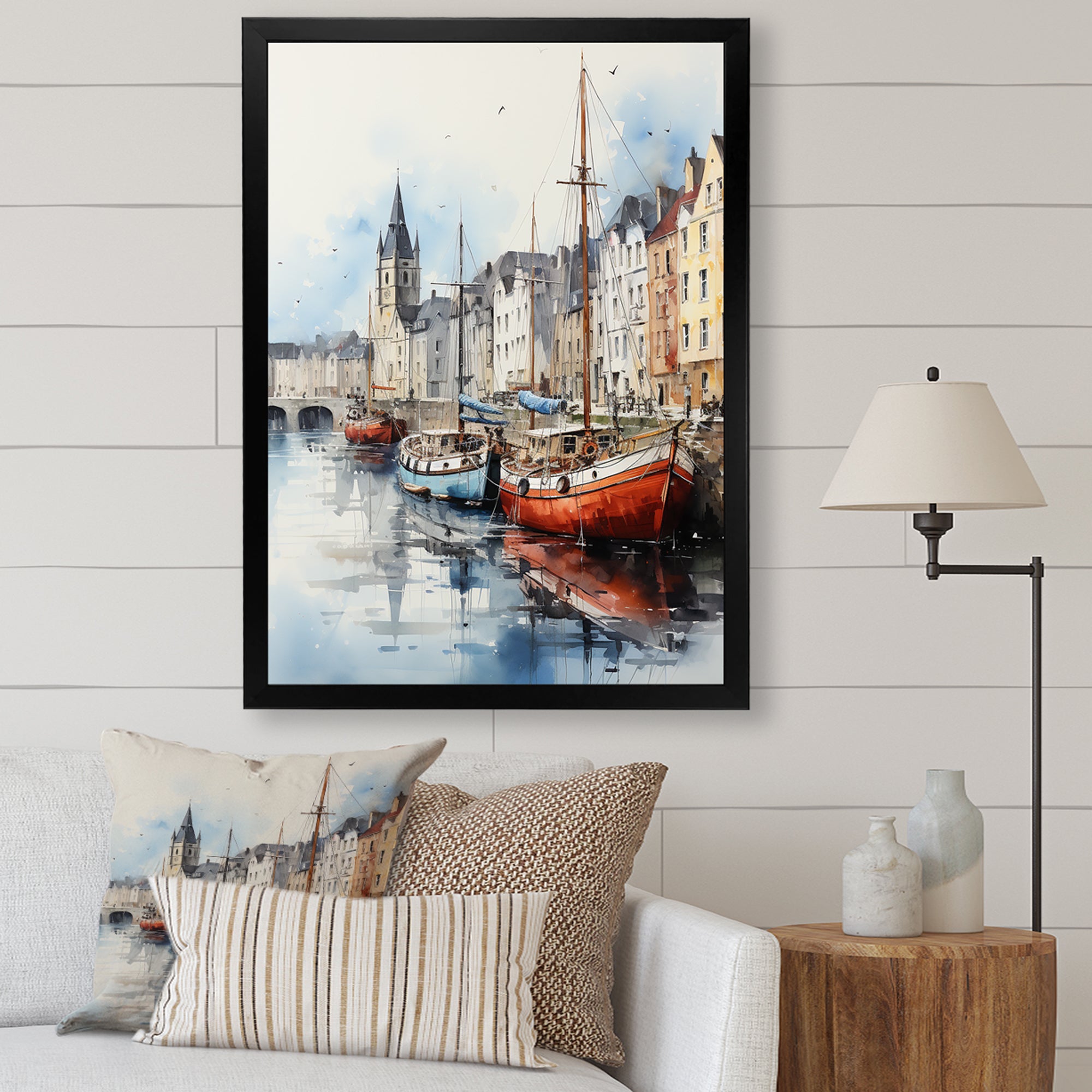 Red and grey Fishing Boat at port I - Boat Fishing Canvas Wall Art