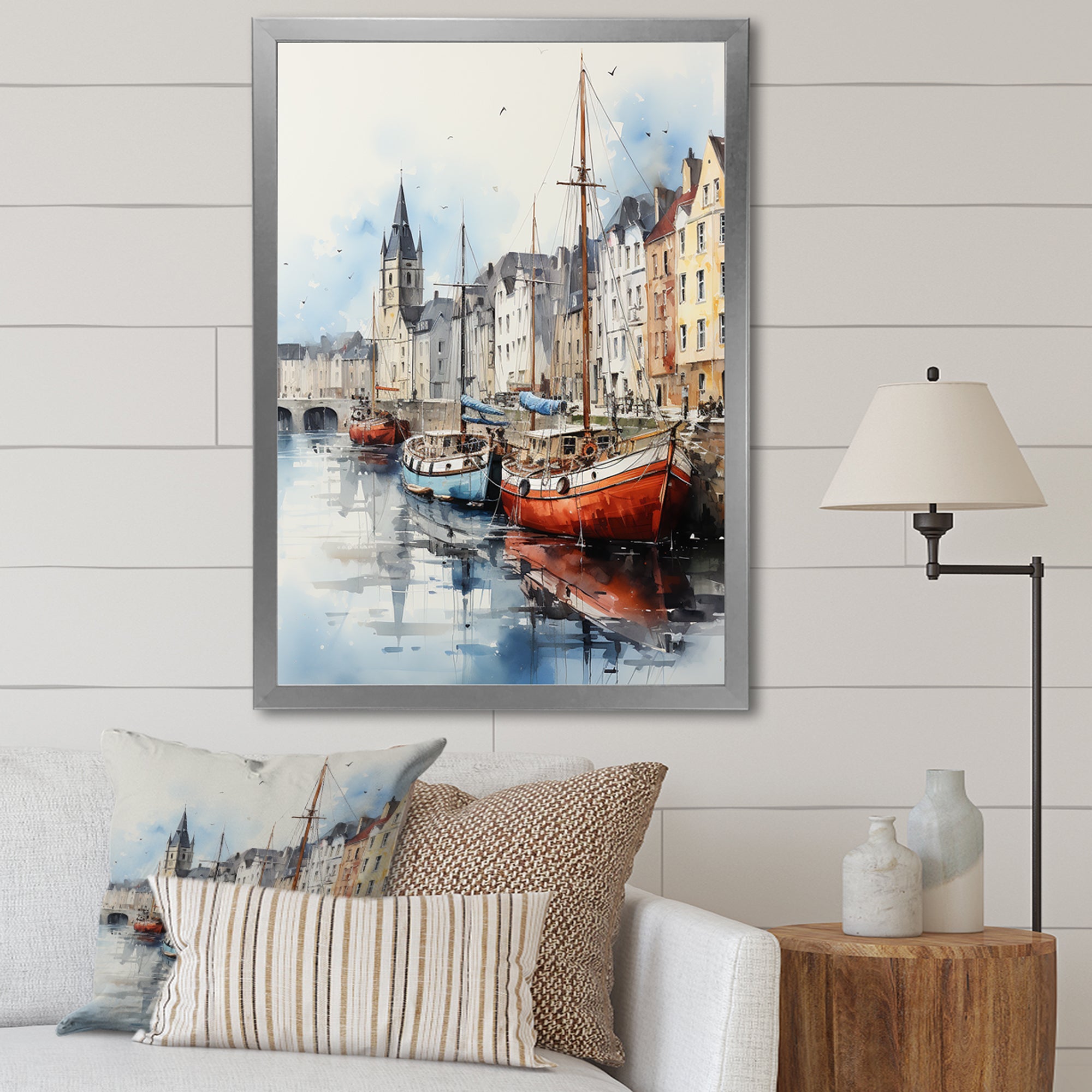 Red and grey Fishing Boat at port I - Boat Fishing Canvas Wall Art