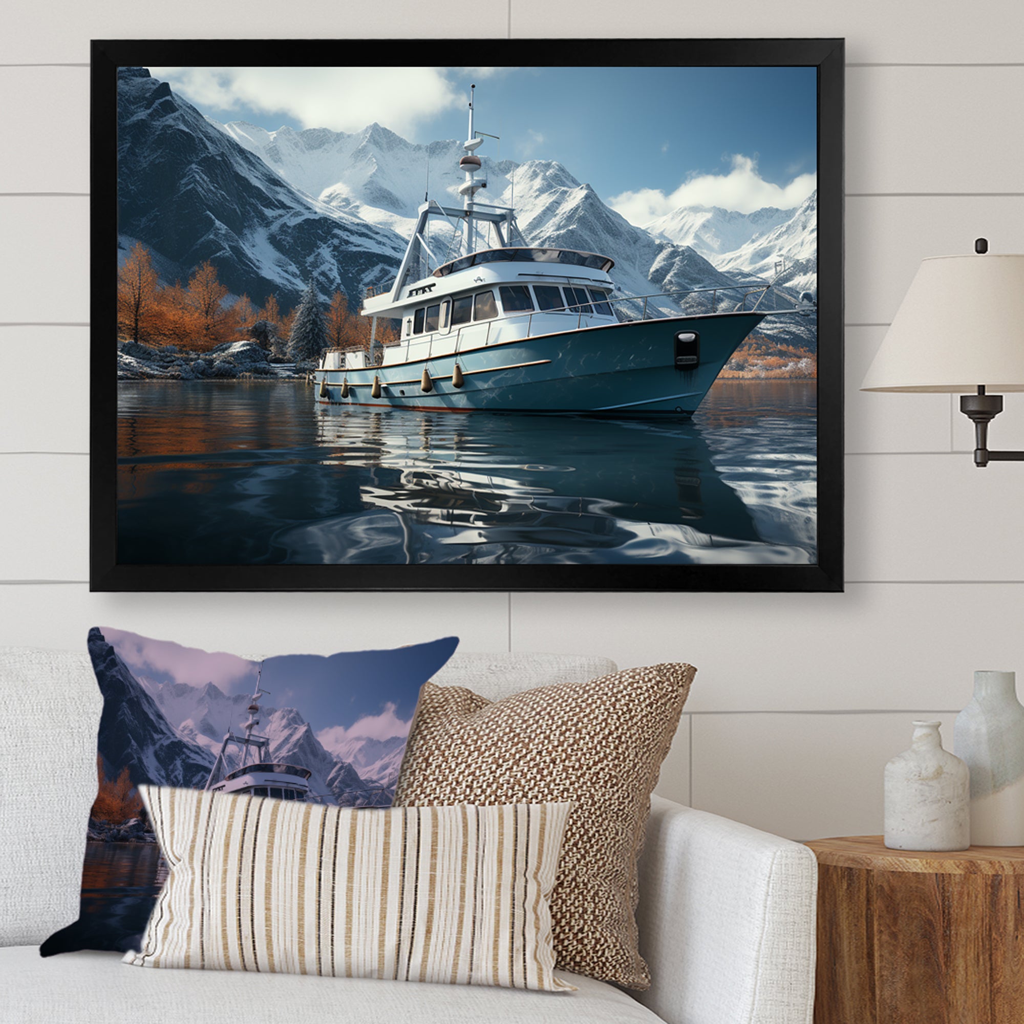 Red and white Fishing Boat in river I - Boat Fishing Canvas Wall Art