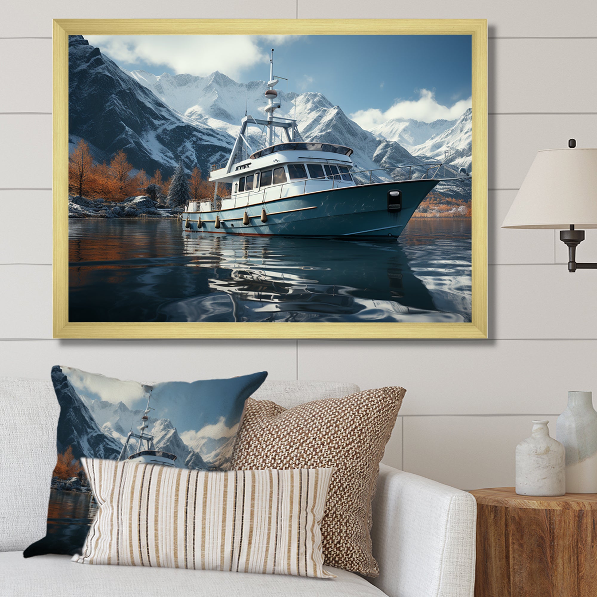 Red and white Fishing Boat in river I - Boat Fishing Canvas Wall Art