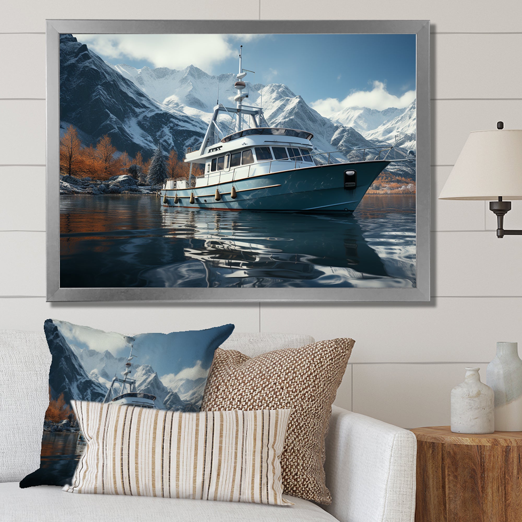 Red and white Fishing Boat in river I - Boat Fishing Canvas Wall Art
