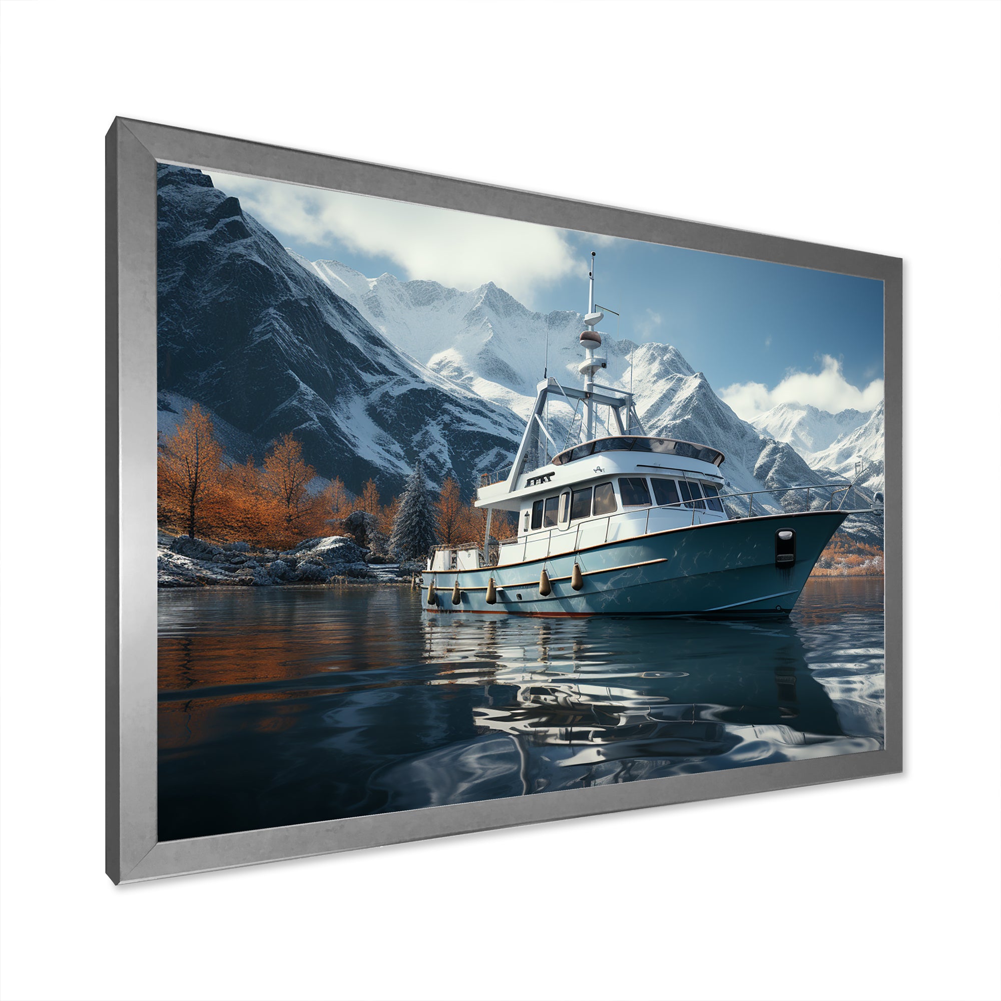 Red and white Fishing Boat in river I - Boat Fishing Canvas Wall Art