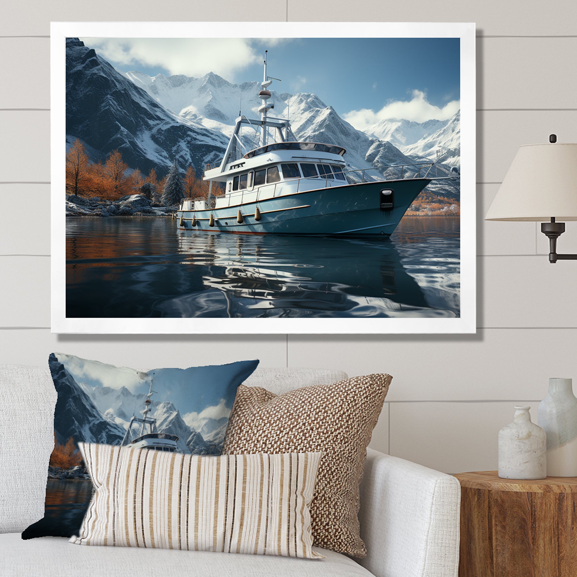 Red and white Fishing Boat in river I - Boat Fishing Canvas Wall Art