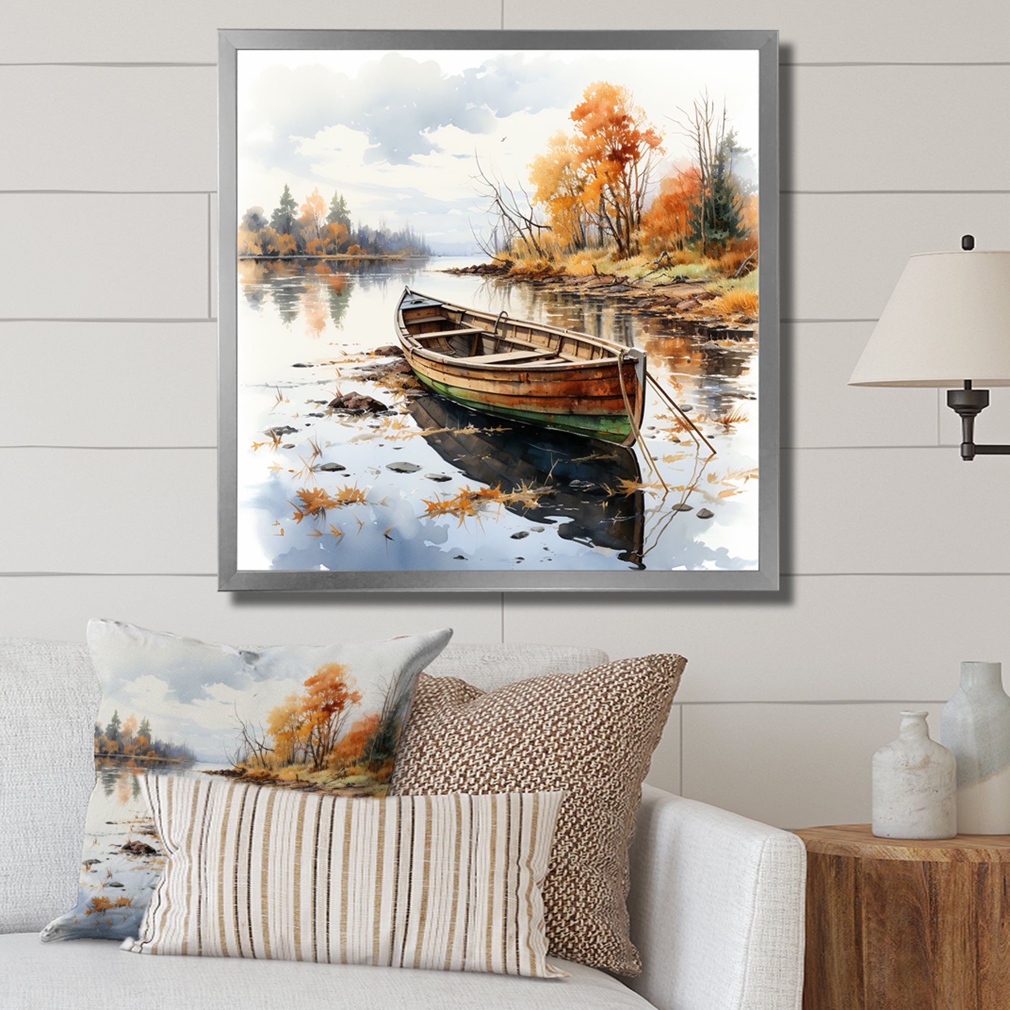 Autumn Tranquility canoe by the lake I - Boat Fishing Canvas Wall Art