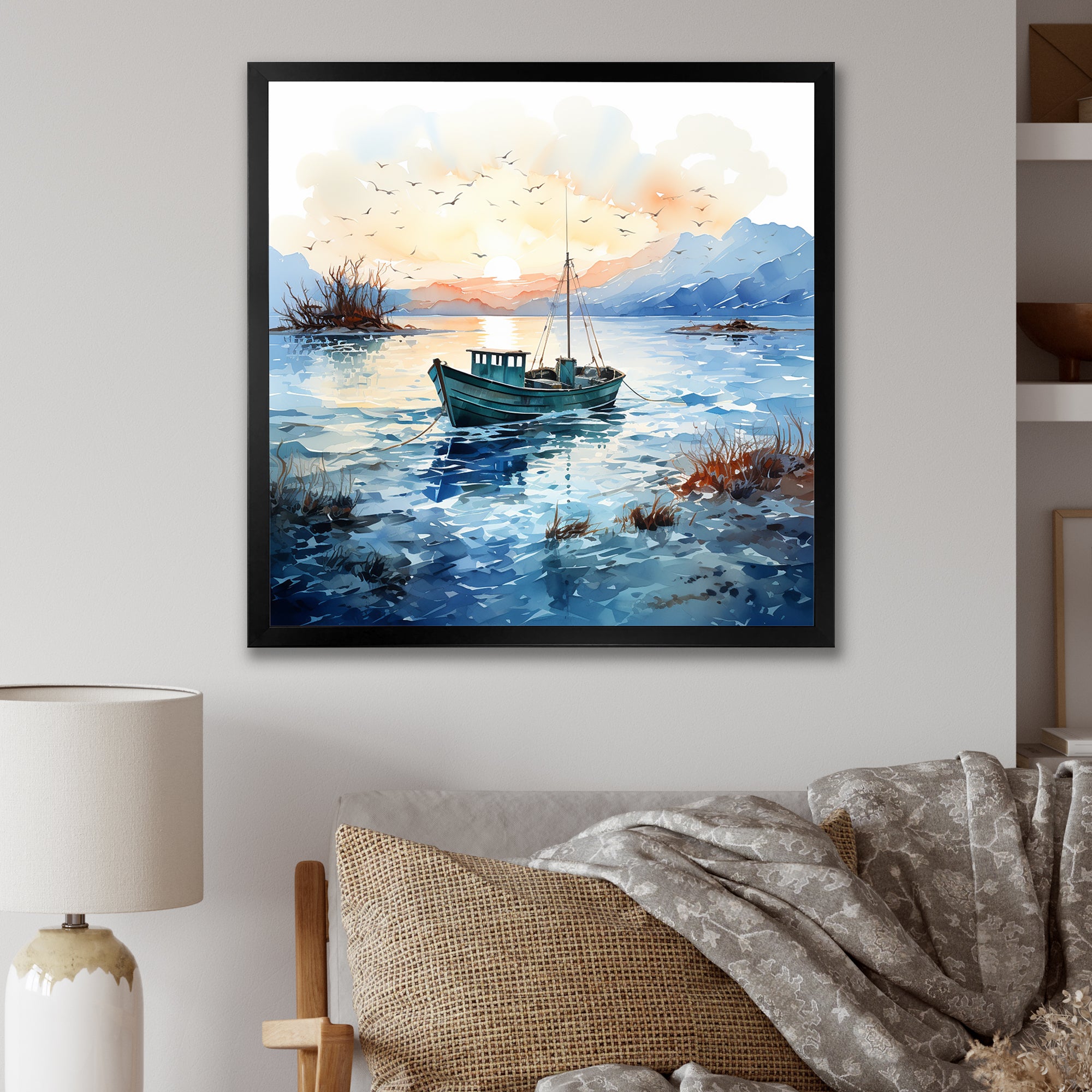 Blue and orange Autumn Fishing Boat - Boat Fishing Canvas Wall Art