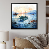 Blue and orange Autumn Fishing Boat - Boat Fishing Canvas Wall Art