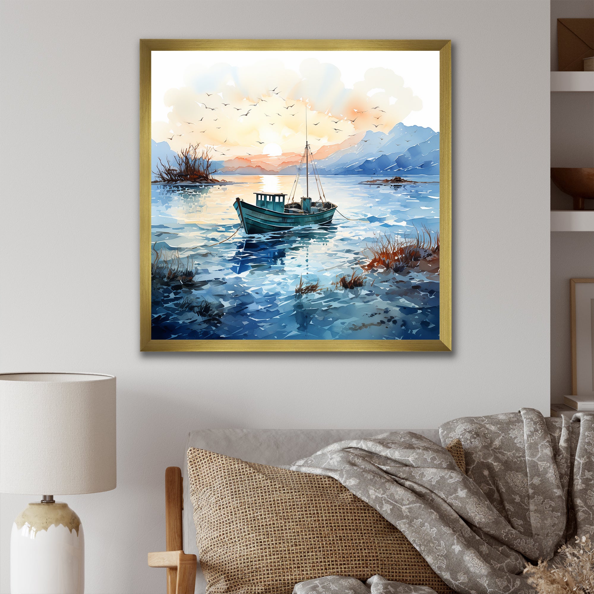 Blue and orange Autumn Fishing Boat - Boat Fishing Canvas Wall Art