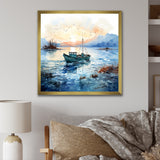Blue and orange Autumn Fishing Boat - Boat Fishing Canvas Wall Art