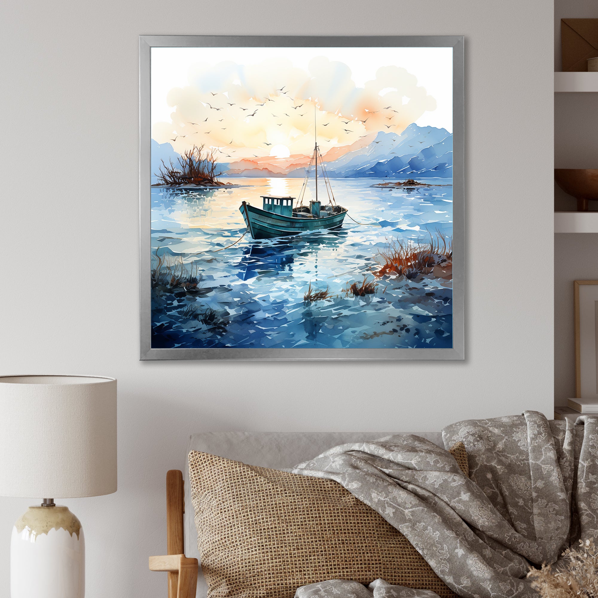 Blue and orange Autumn Fishing Boat - Boat Fishing Canvas Wall Art