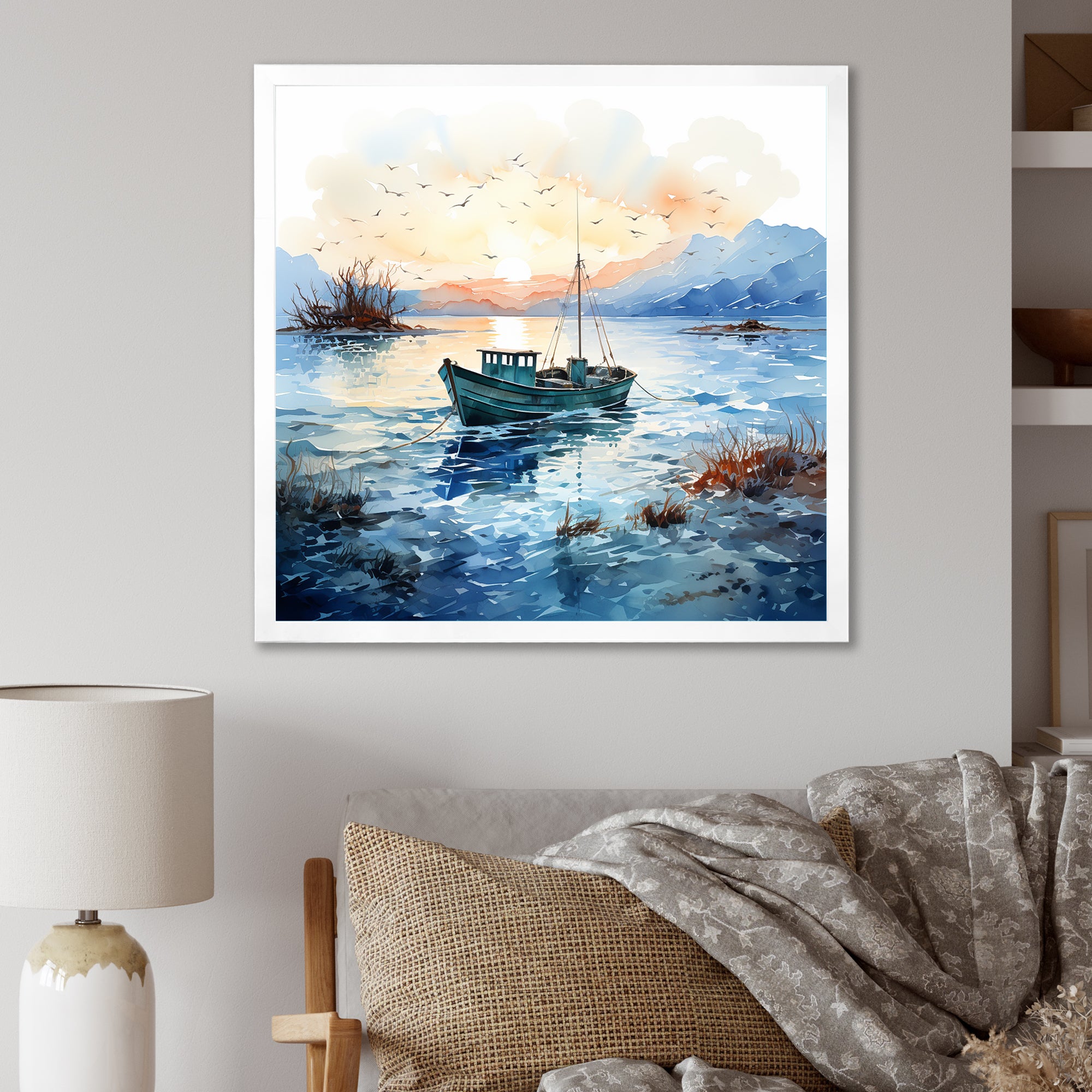 Blue and orange Autumn Fishing Boat - Boat Fishing Canvas Wall Art